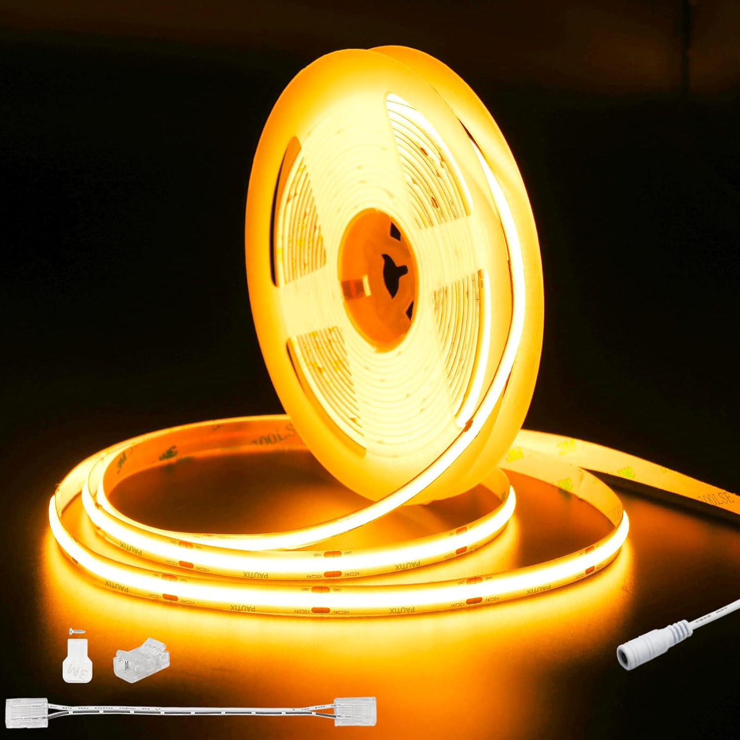 Photo 1 of PAUTIX COB LED Strip Light 20ft/6.1m 3087LEDs Warm White 2000K CRI90+ High Lumen,DC24V Flexible LED Tape for Cabinet Home DIY Lighting Projects with 1pcs COB Connector Wire(Power Supply Not Included)