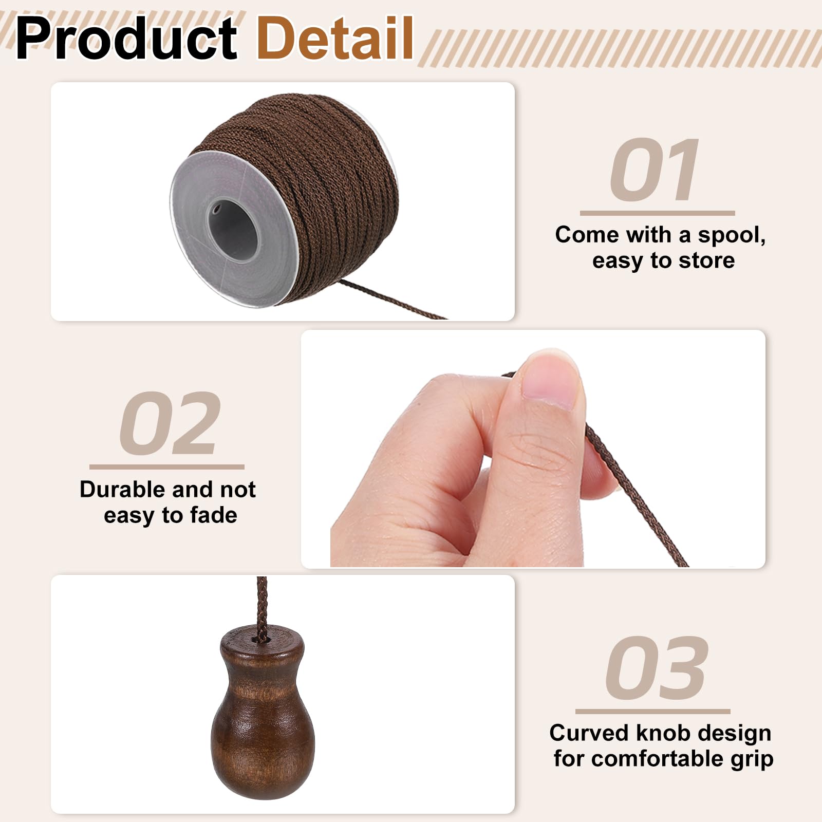 QUARKZMAN 50 Yardas Cuerda para Persianas Romanas Trenzada 1.8mm con 5 Piezas Pendant Cuerda Madera para Persianas Rolleras Romanas Manualidades DIY Marrón