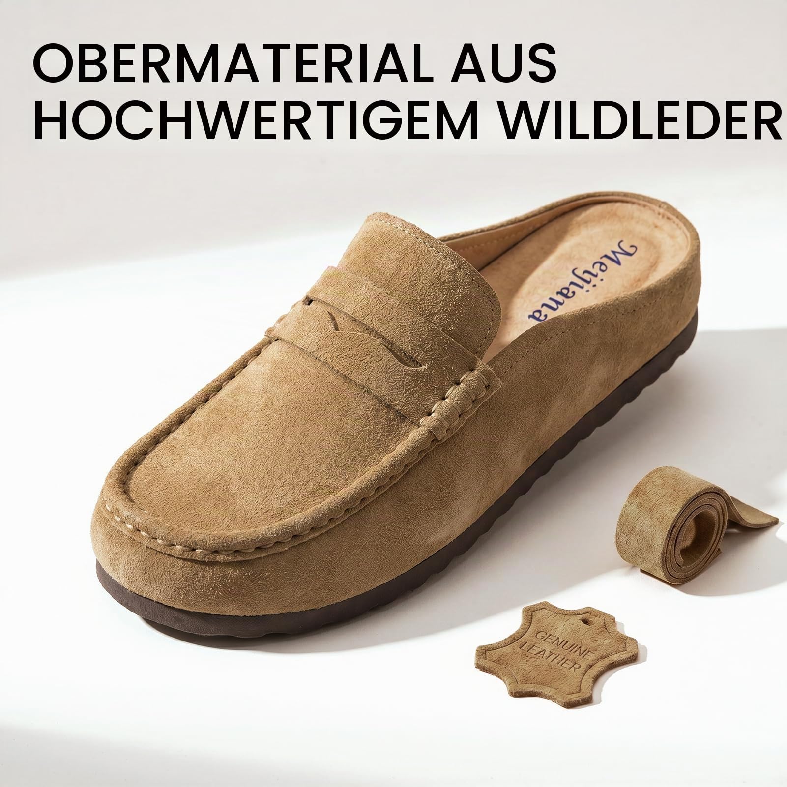 MEIJIANA Wildleder Clogs für Damen Bequeme Pantoletten mit Weiches Kork Fußbett rutschfest Leder Hausschuhe mit Arch Support 37-41 EU