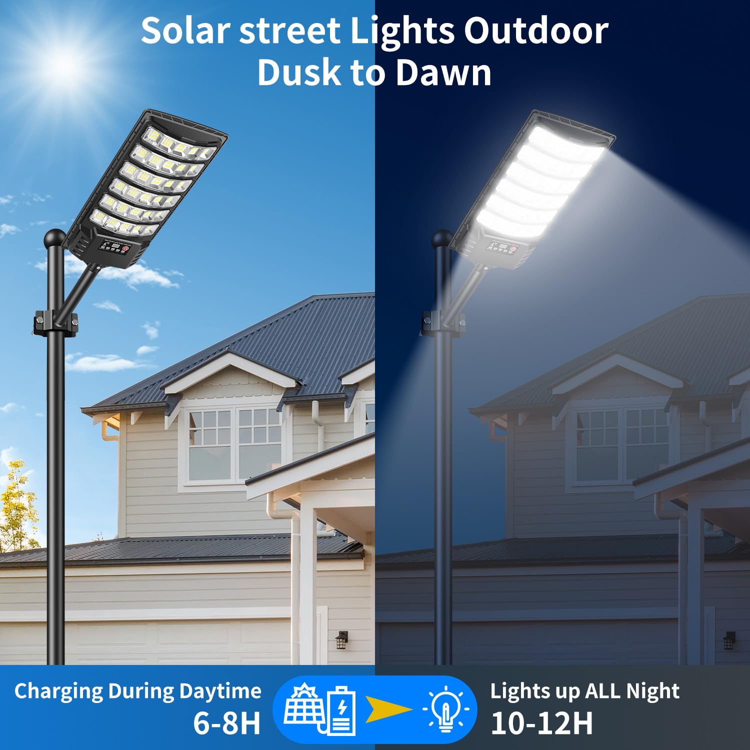 PEAKRO Lampione Solare Led Esterno, IP66 Impermeabile Faro con Pannello Solari, 6000K Lampione Stradale Solare Sensore di Movimento, Lampioni da Giardino Esterno con Telecomando per Garage Strada (2)