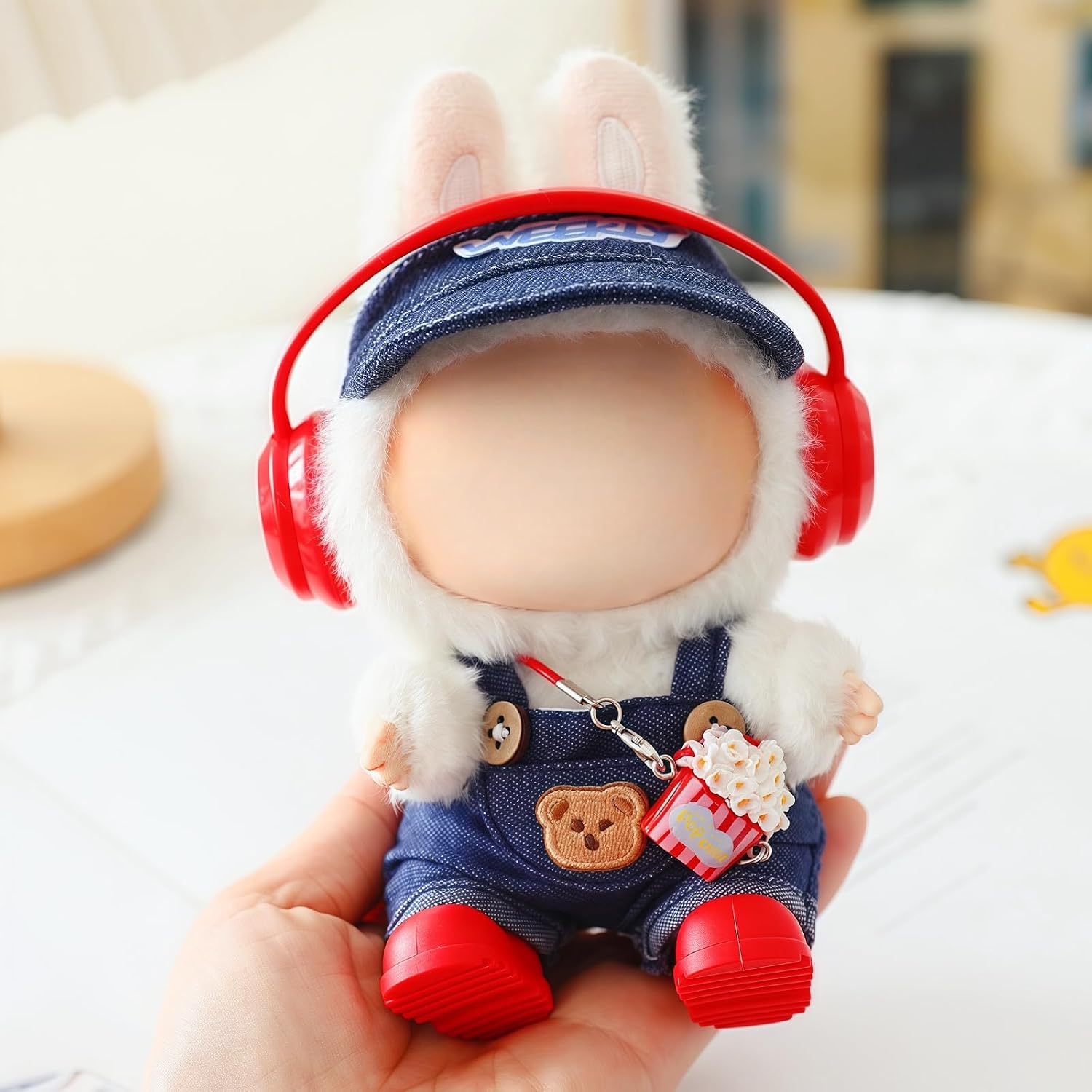 Clothes for Lu bubu 17cm Dolls(No Doll) Accessories, Stylish Kawaii Overalls Outfit Headphones Set 5 Pieces Suitable for 17cm Dolls , Doll Hat Headset Boots Clothing Set Replacement image 5