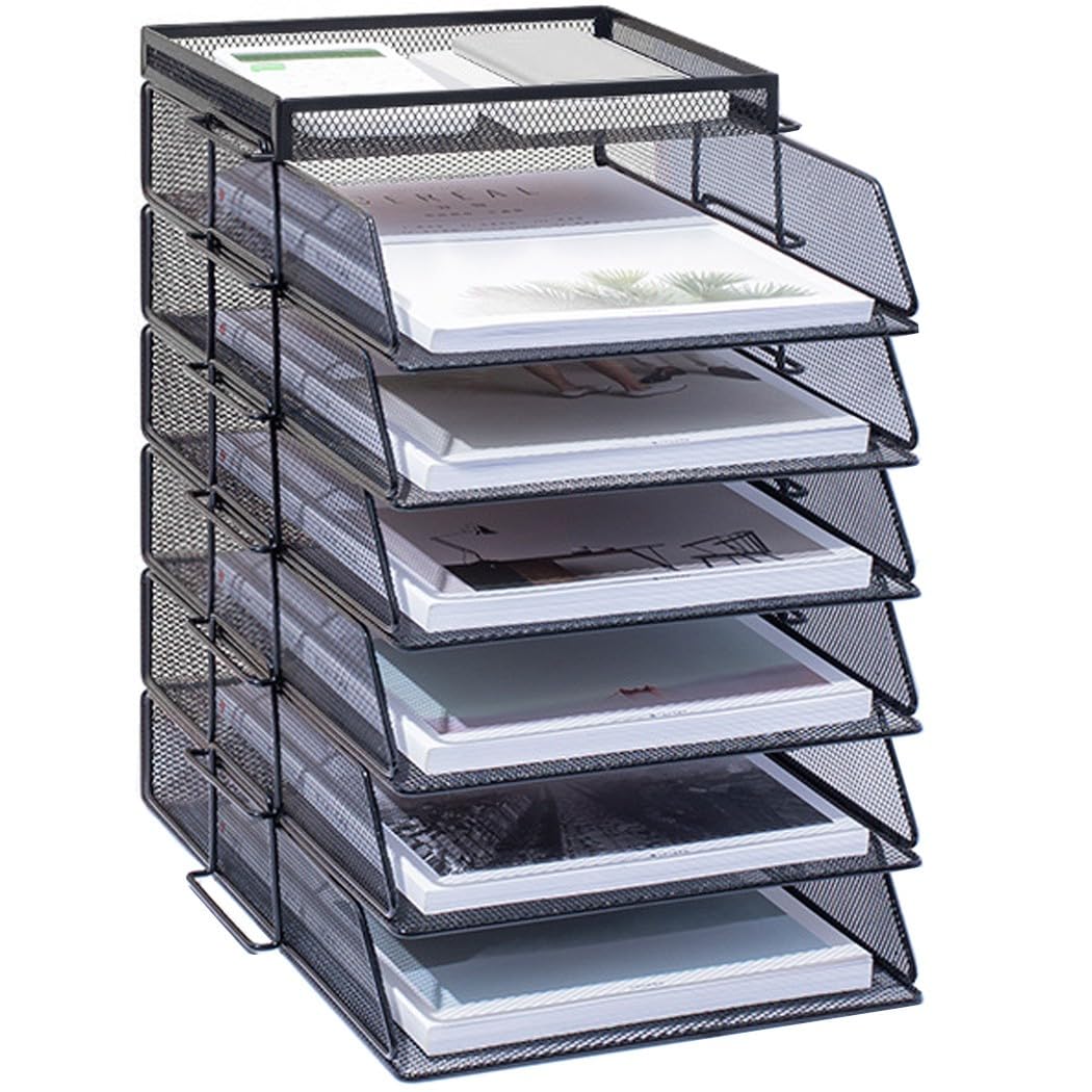 ZESLIV Desk Organiser with File Holder, 6-Tier Letter Tray with Drawer and Top Box, Mesh Desk File Organiser with Magazine Holder for Office Organiser, Black