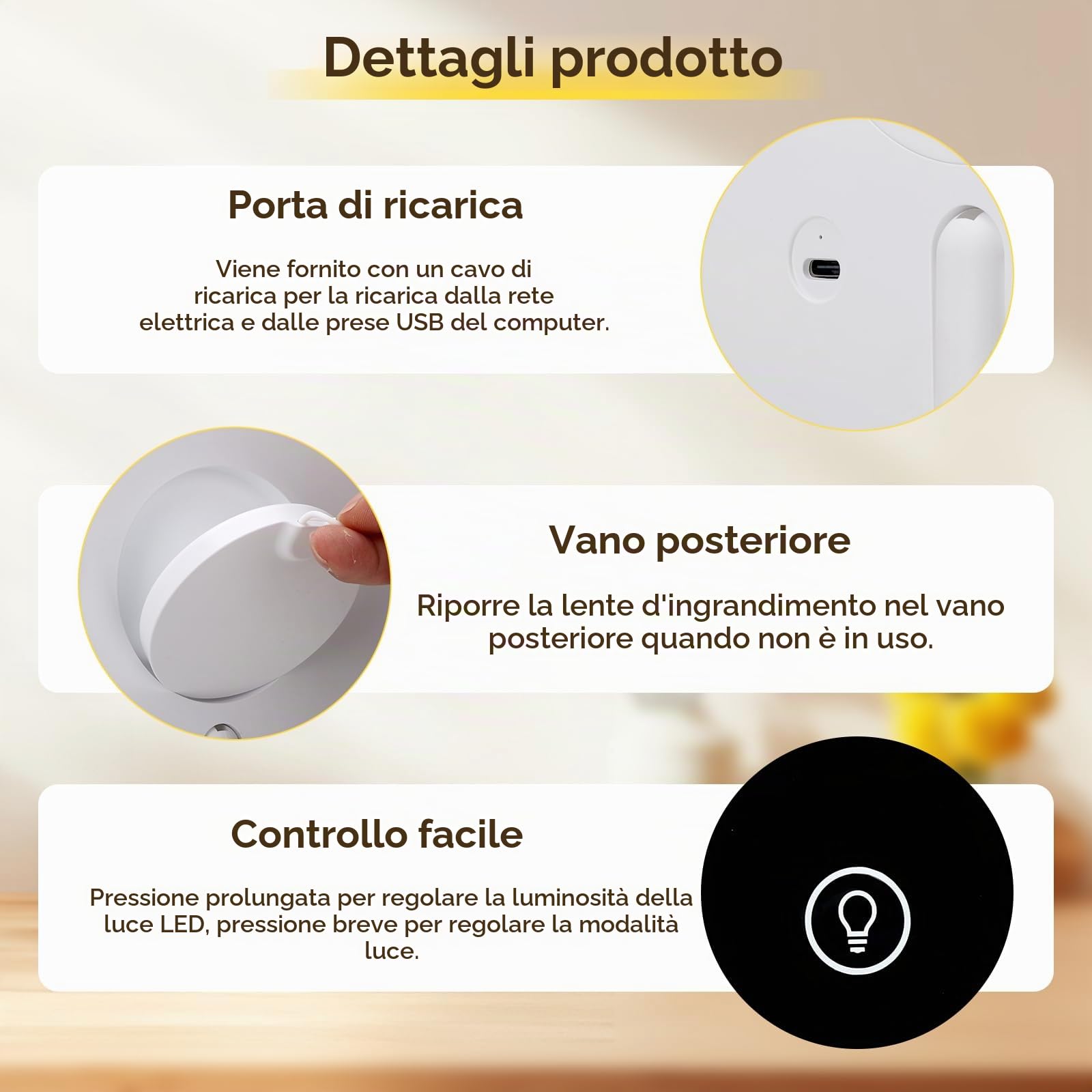 Cuteefun Specchio Trucco con Luci, Specchio Ingranditore Magnetico 5X con Cassetto, 3 Colori di Luce, Touch Screen Dimmerabile, USB Ricaricabile, Ideale per Camera da Letto, Tavolo di Vanità, Bianco