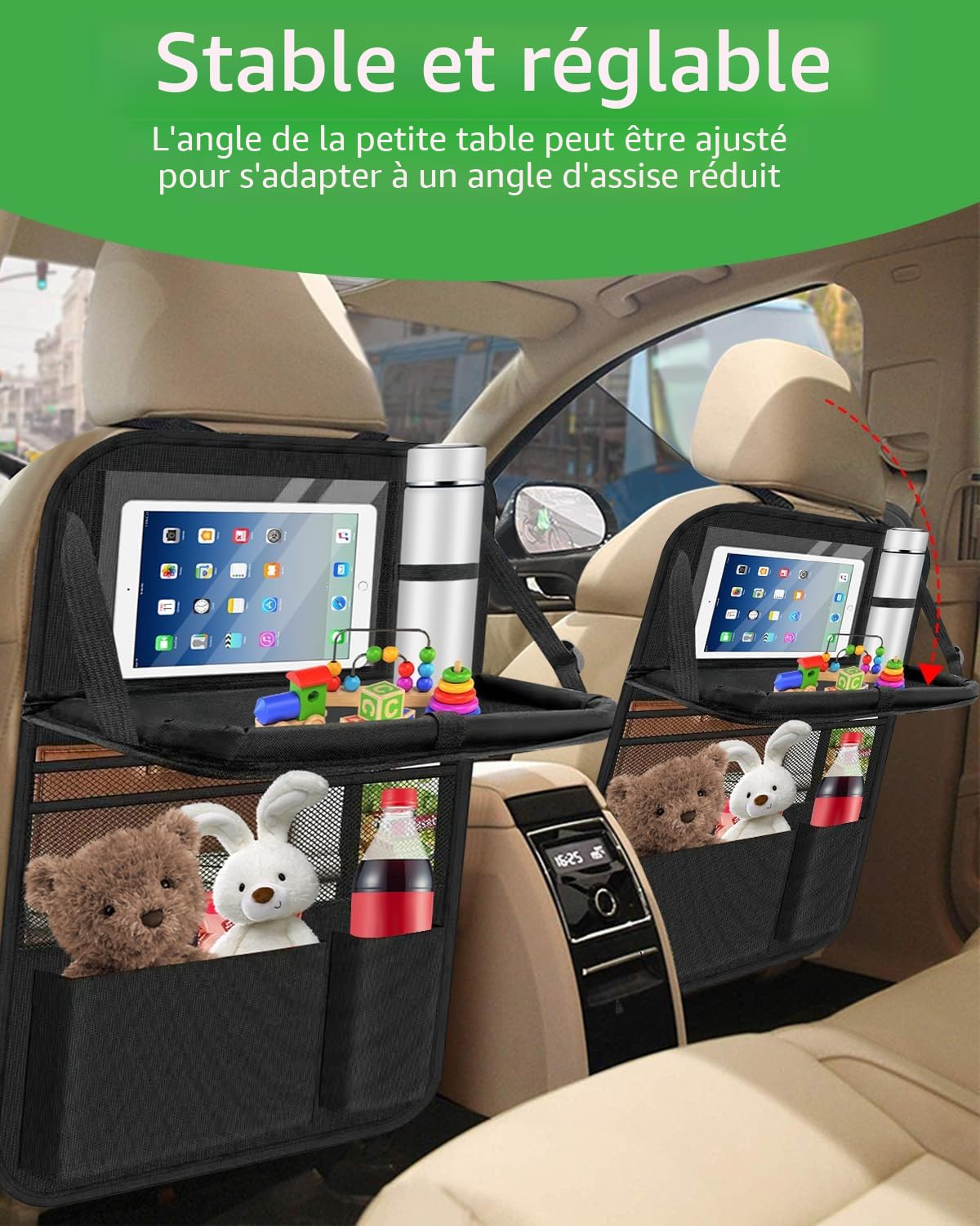 Lot de 2 organisateurs de siège de voiture, grande protection de dossier et sac de rangement étanche multifonction pour enfants, protection de siège avec table pliante, poche pour tablette