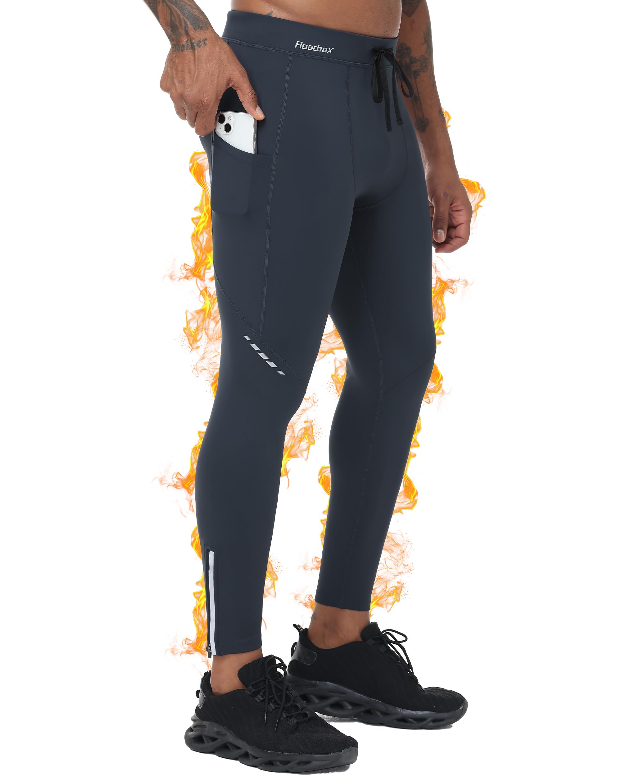 Roadbox Mens Thermal Cycling Pants, Fleece Lined Running Tights Zipper Pockets, Winter Water Resistant Compression Leggings