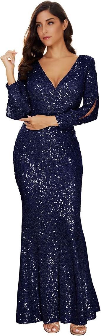 Women's Long Sleeve Full Sequins Mermaid Gown Long Prom Party Dress