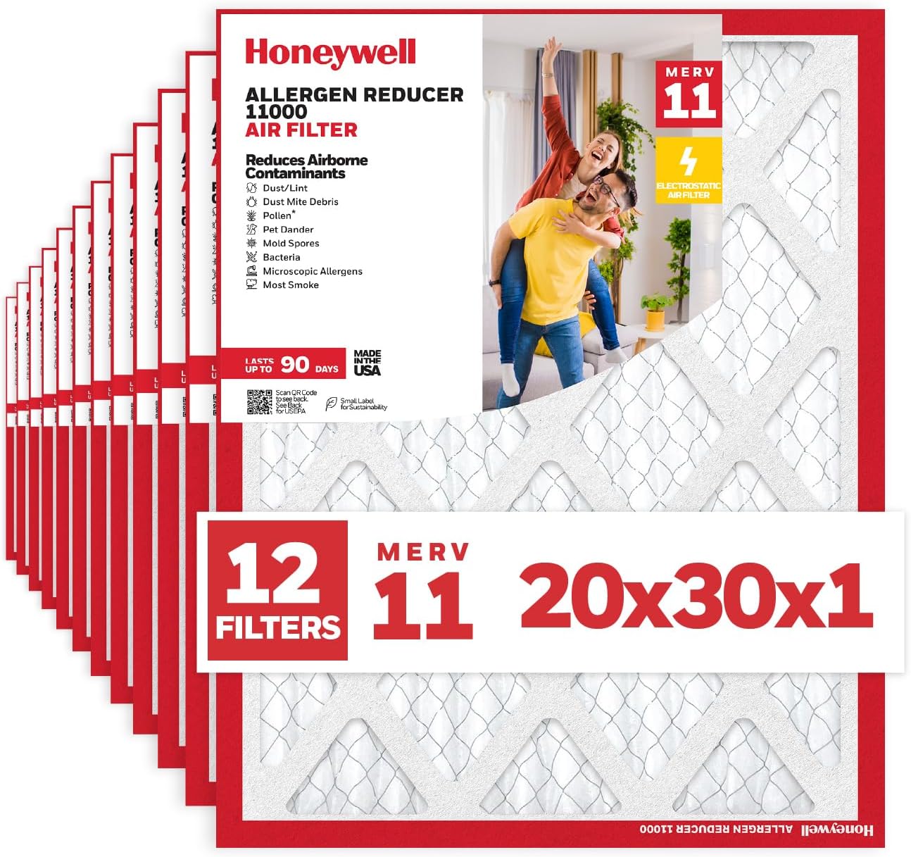 Honeywell 20x30x1 MERV 11 Allergen Reducer 11000 Electrostatic Pleated HVAC AC Furnace Air Filter (12-Pack) | Replacement Filter for Home Use | Made in USA 20x30x1 (12 Pack)
