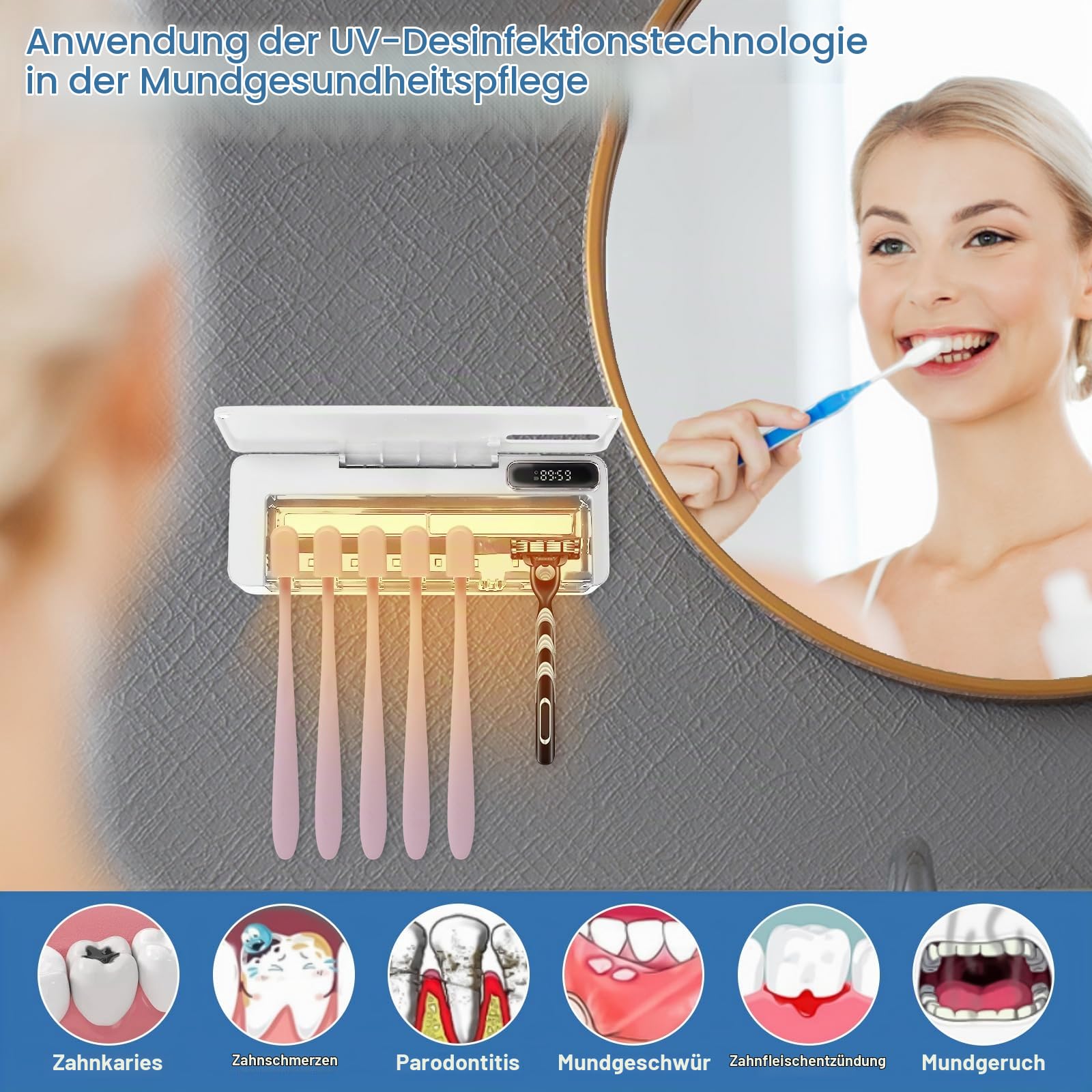 UV-Zahnbürstenhalter,Zahnbürsten-Desinfektionsmittel mit 5 Bürstenhalter und 1 Schlitze,Zahnbürste Sanitizer Halter,Wandmontage Zahnbürstenhalter Sterilisator mit Heizung und Lüftertrocknung (Weiß)