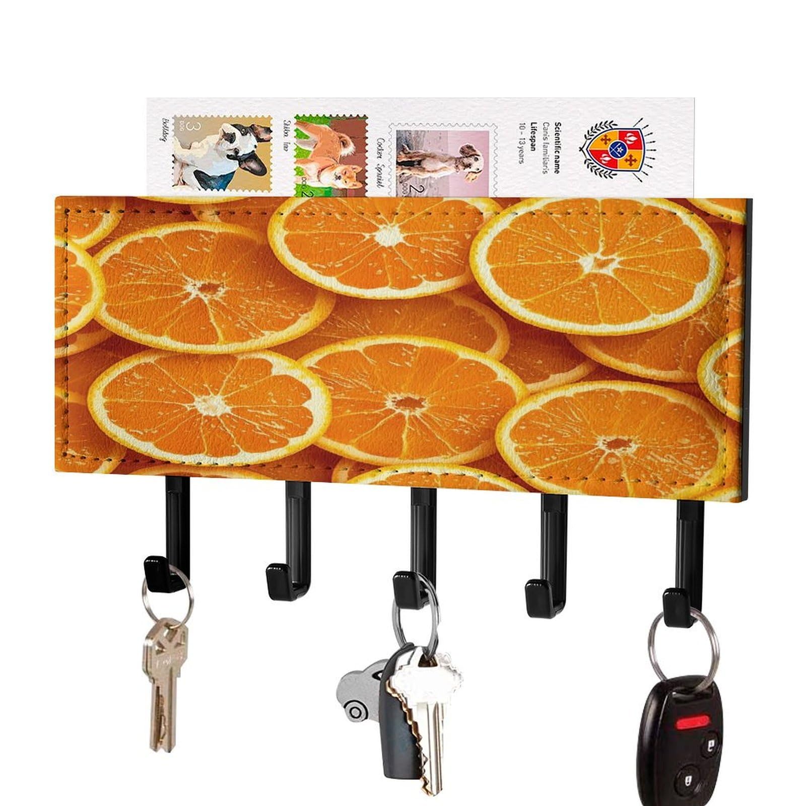 Fekiloot Black-Style Orange Slices Key Holder Wall Mount Key Hanger With 5 Hooks Decorative Key Rack Hanging Key Hooks With Mail Organizer Key Holder For Wall Living Room Kitchen Bathroom Hallway Black