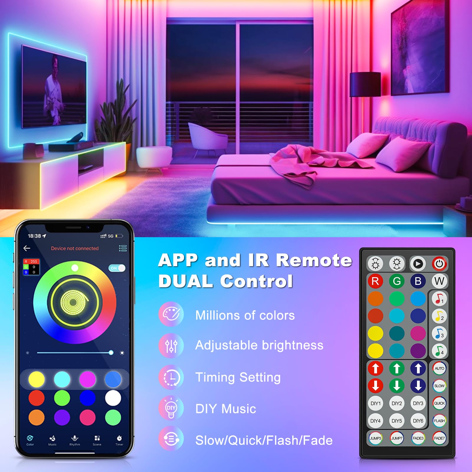 Striscia LED, 10M RGB Luci LED Camera da Letto Multicolor Bluetooth APP Controllato, Dimmerabile Fancy LED Strip Musica Sincronizza per Decorare Bar, Cucina Casa, Gaming Room