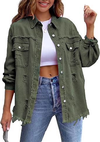 SEMATOMALA Womens Frayed Hem Ripped Denim Shirt Jacket Button Front Boyfriend Jean Coat Oversized Distressed Fall Shacket