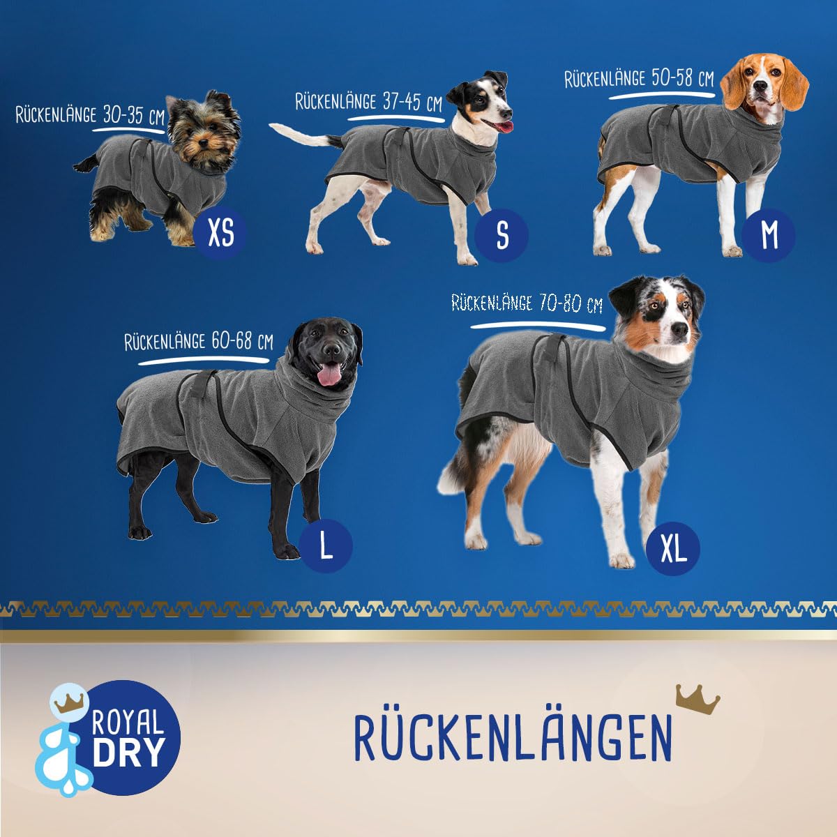 Bademantel Hund XL - Rückenlänge 70-80 cm - Hundehandtuch - Mikrofase - Hundebademantel für große Hunde - Schnell Trocknendes mit Klettverschluss - Grau