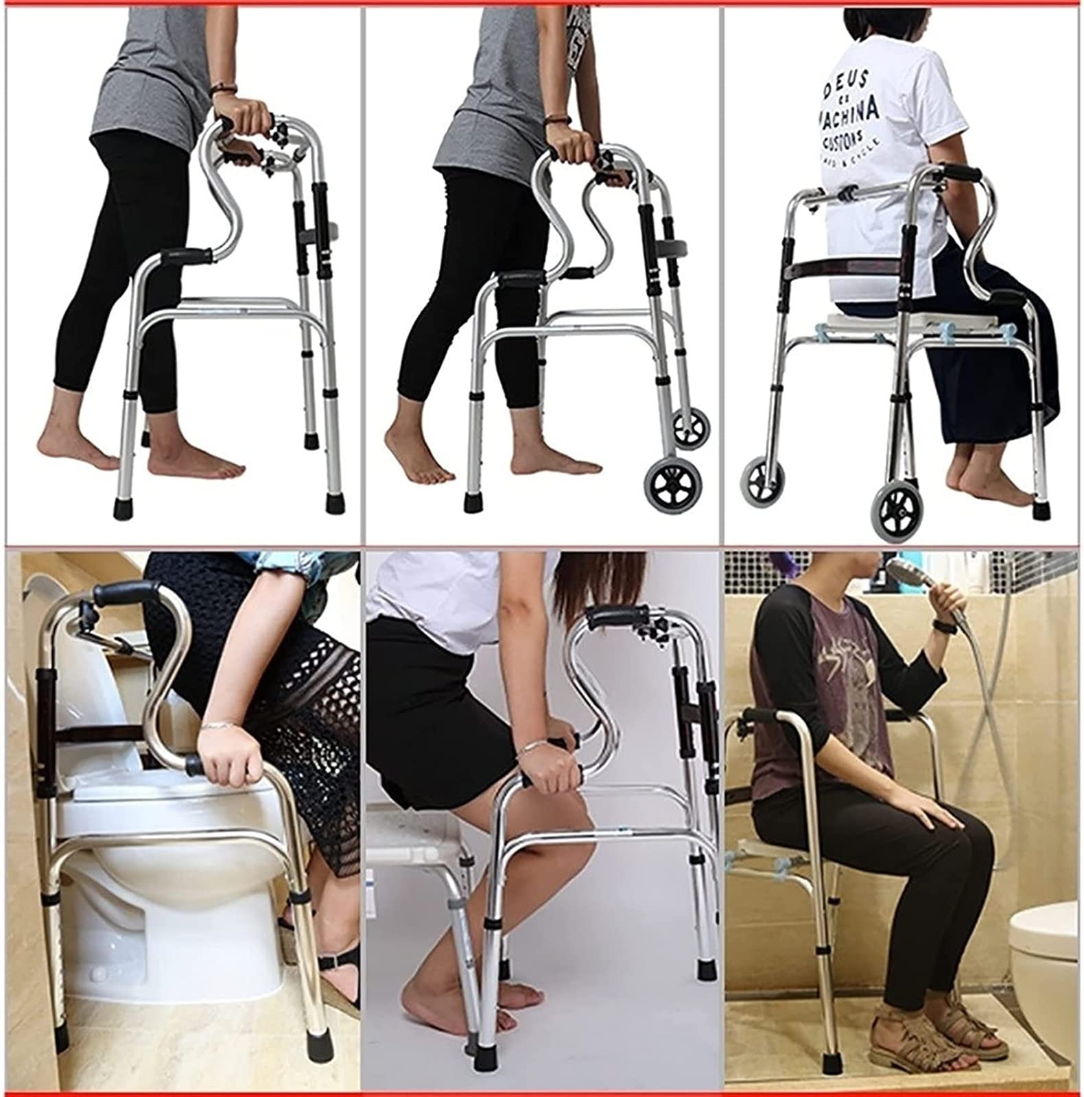 Deambulatore Pieghevole Leggero con Sedile, Ausilio per Deambulazione Portatile per Anziani/Disabili per Interni/Esterni, Sedia da Doccia per Bagno,No Wheels