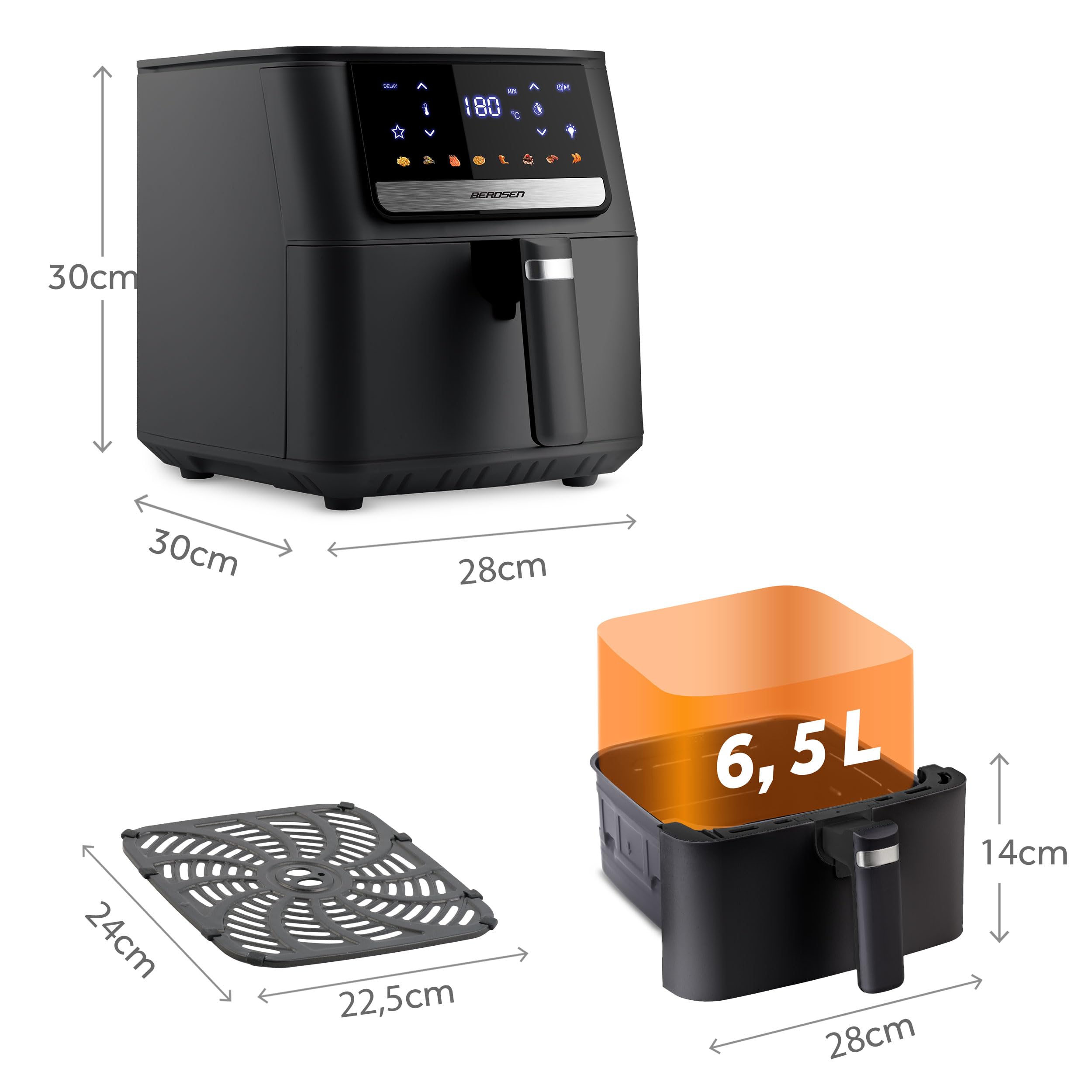 Berdsen Frytkownica Beztłuszczowa Airfryer - 1700 W 6,5 l - Frytkownica na Gorące Powietrze - 8 Programów - Ekran Dotykowy - Czarna