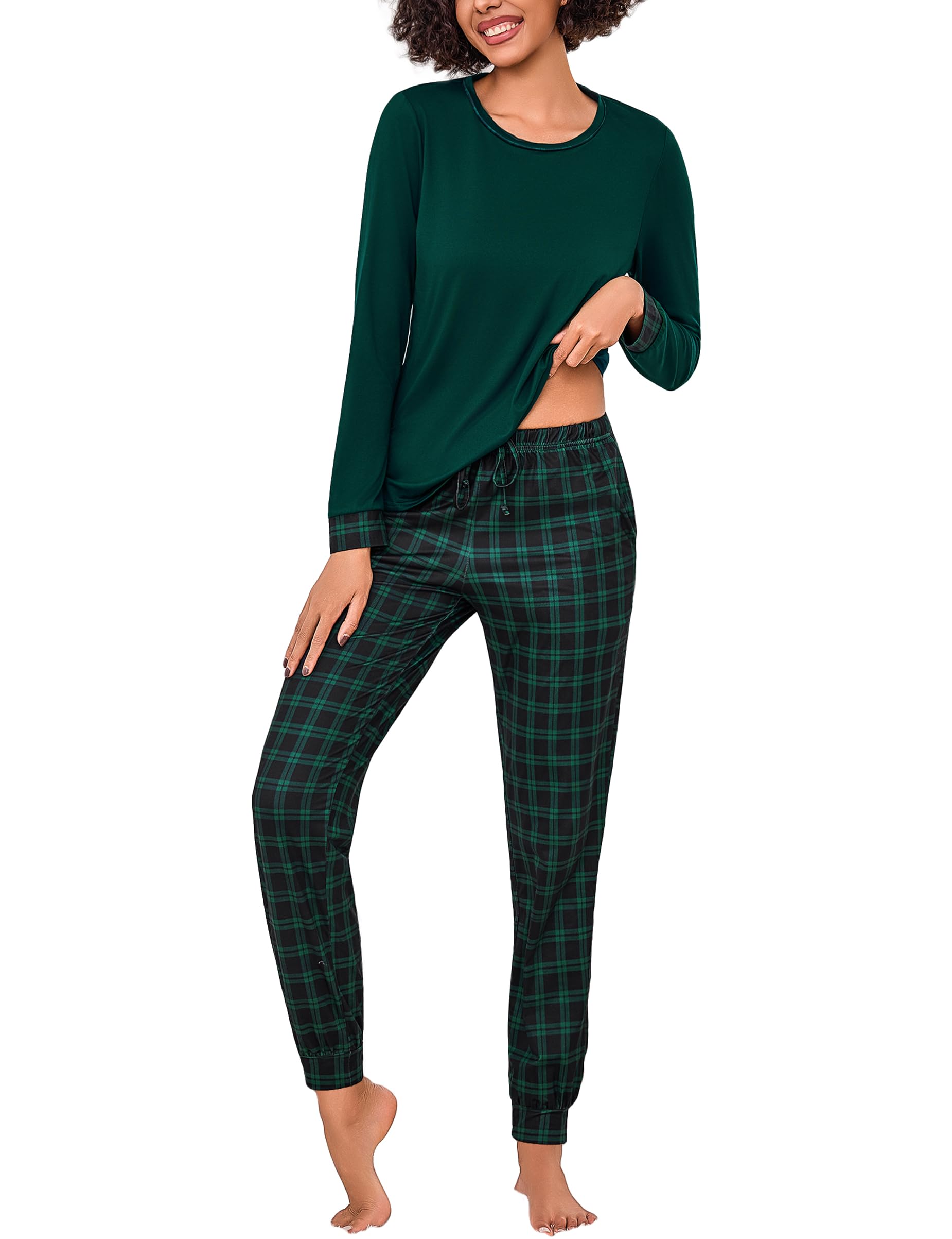 Litherday Damespyjama-sets van katoen, lange mouwen, loungewear, slaapkleding, 2-delige zachte nachtkleding, top en geruite onderkant met zak, Grijs Blauw, L
