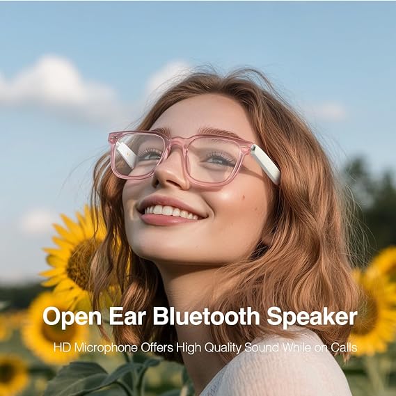 Bluetooth Audio Smart Glasses,Built-in Mic Speakers (White-Pink)