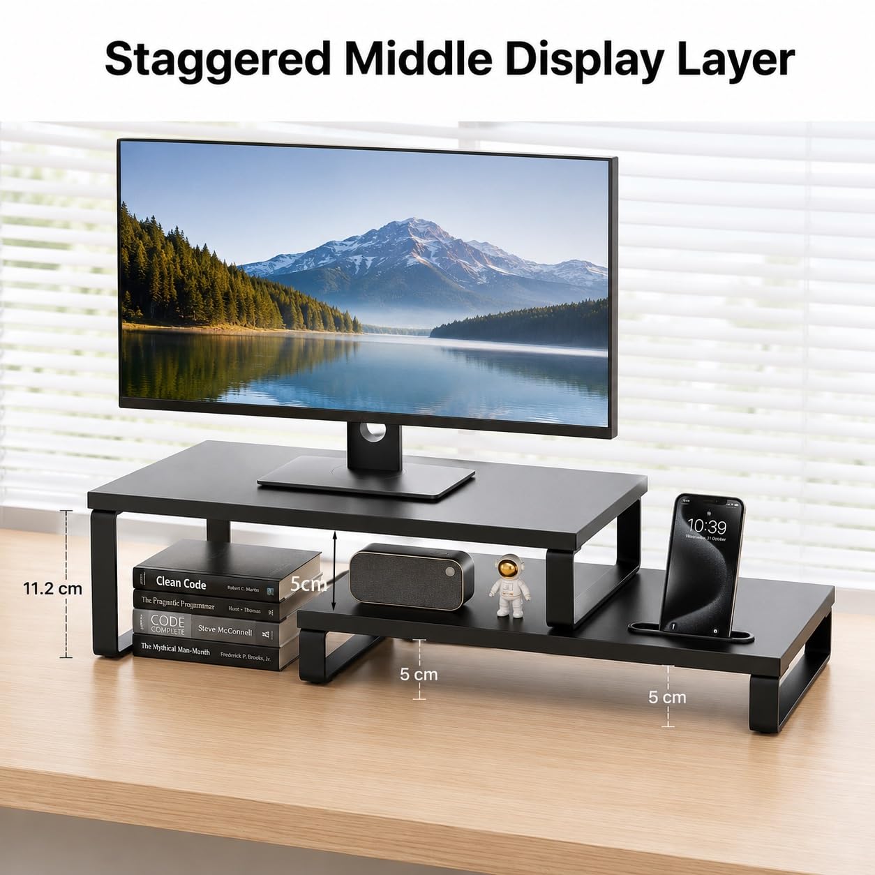 Supporto per doppio monitor, lunghezza e angolazione regolabili, organizer da scrivania ergonomico con supporto per smartphone e cuscinetti antiscivolo, carico 50 kg, supporto per monitor in