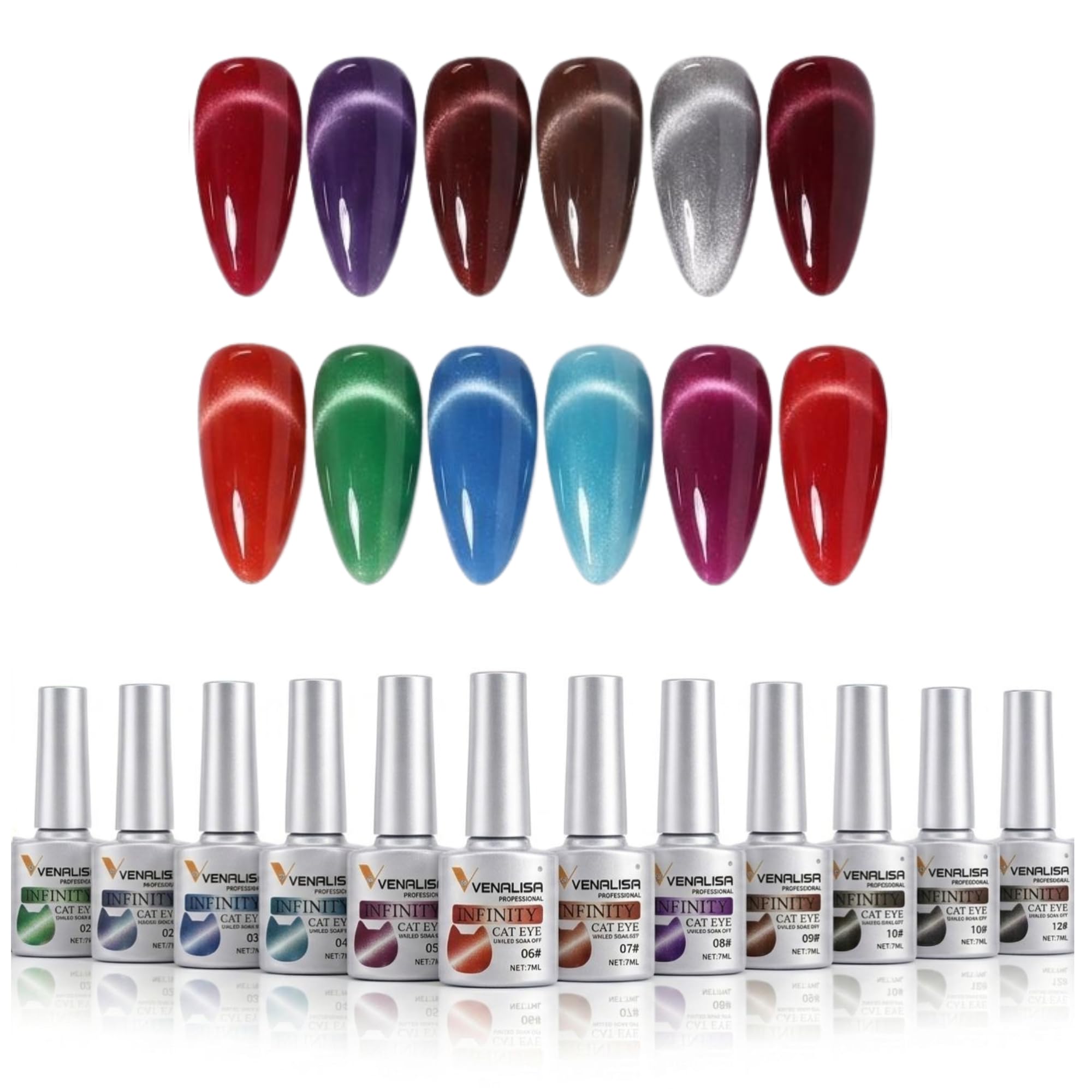 VENALISA 12 Colors Cat Eye Gel Polish with Magnetic Stick, Chameleon Magnetic Gel Polish Kit Trible Colors Effect Infinity Cateyes Nail Polish Gel Collection Home DIY Manicure for Women Girl-image-6