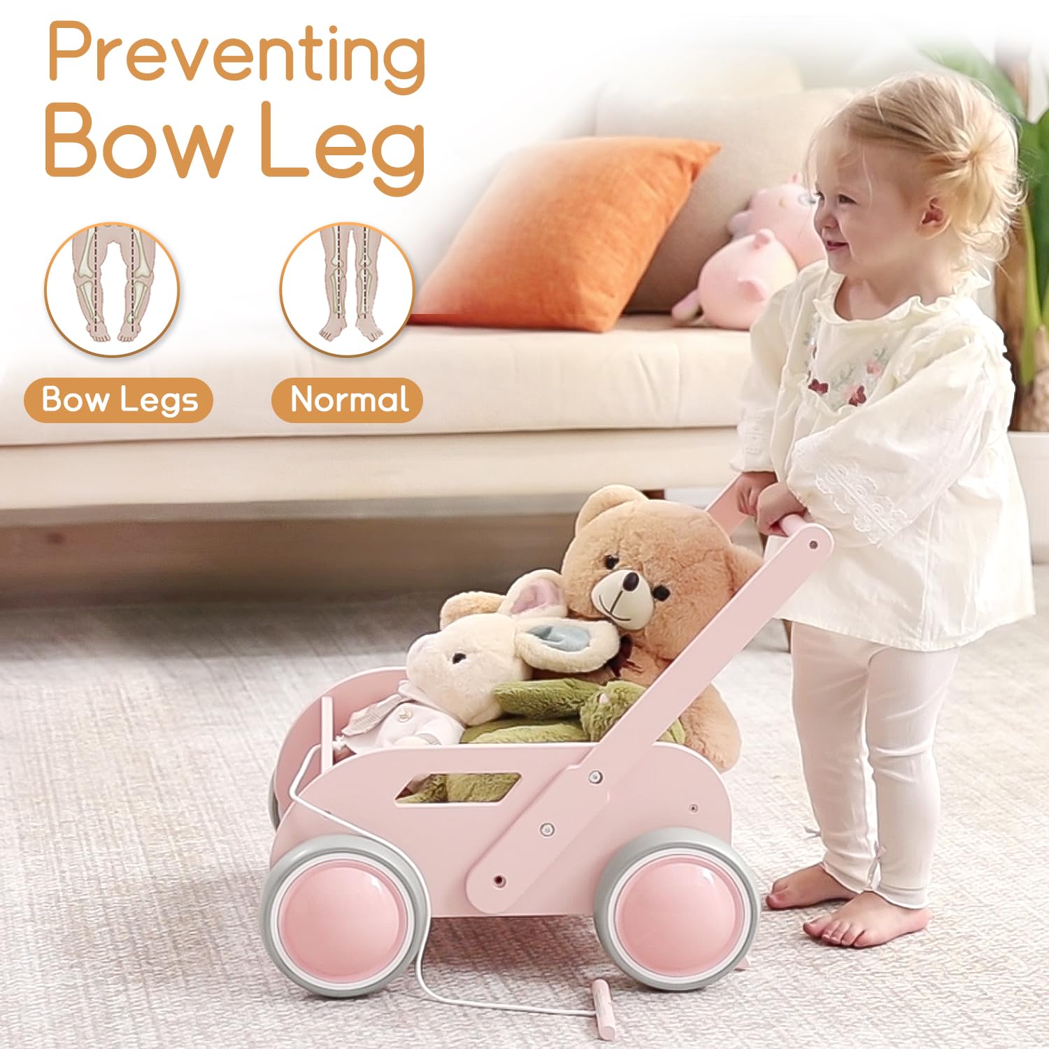 Toddler Push & Pull - Passeggino in legno, per bambini e bambine, giocattolo per primi passi con ruote, regalo per compleanno, Natale, rosa