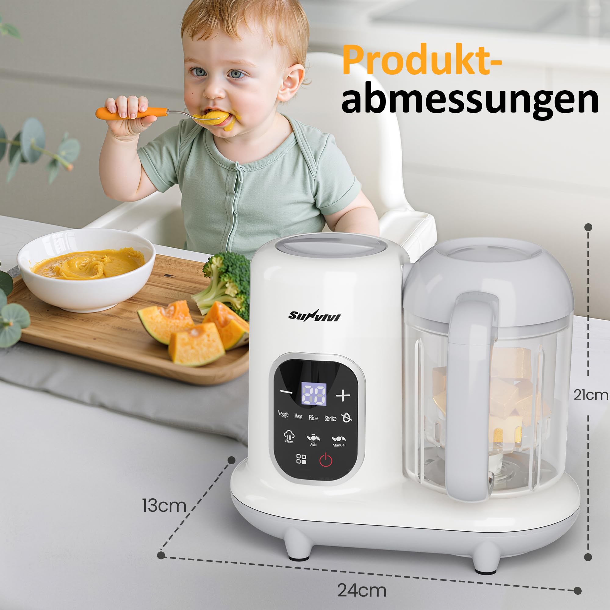 Sunvivi Babynahrungszubereiter 8-in-1 mit Dampfgarer und Mixer, 350g Große Kapazität Baby Food Maker, Multifunktionaler Babybrei Zubereiter mit LCD-Display, Sterilisator, Wärmer und Auftaufunktion