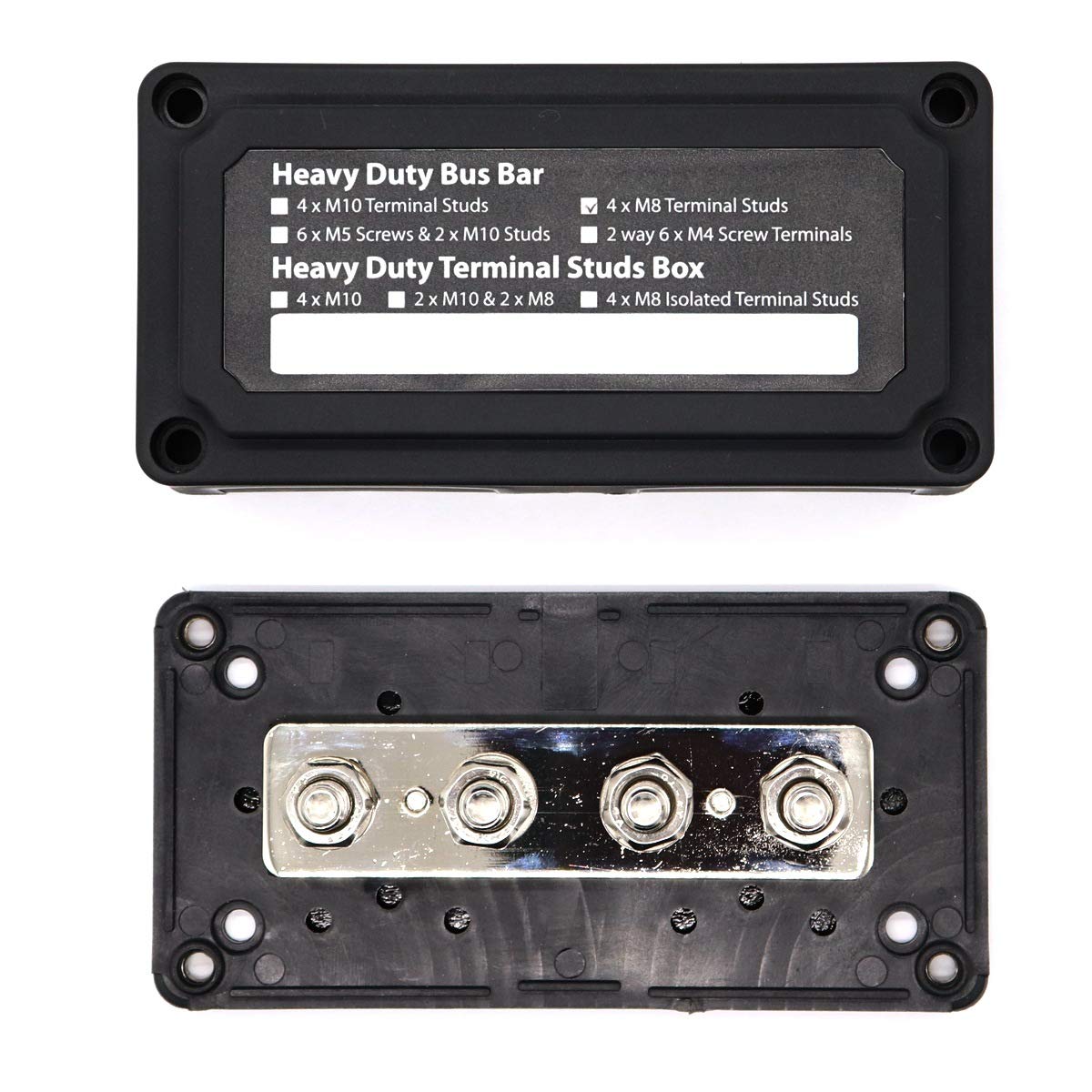 Black 300 A Bus Bar Box Heavy-Duty, moduł, blok rozdzielczy zasilania z 4 x zaciskiem śrubowym M8, blok przyłączeniowy akumulatora 12 V - 48 V DC, do samochodów morskich, solarnych