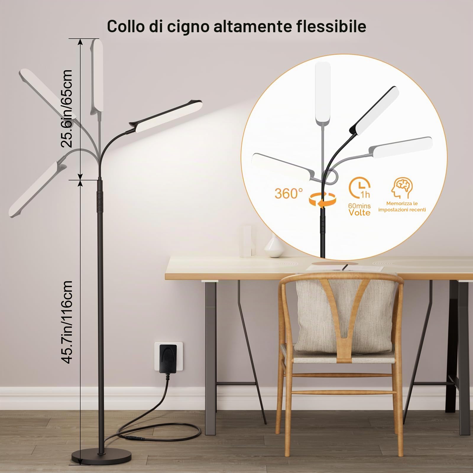 Lampada da Terra LED Dimmerabile: 18W Piantana 4 Temperature di Colore e 4 Luminosità con Telecomando - Timer 1H - Lampada da Salotto a Collo d'Oca Flessibile (Nero)