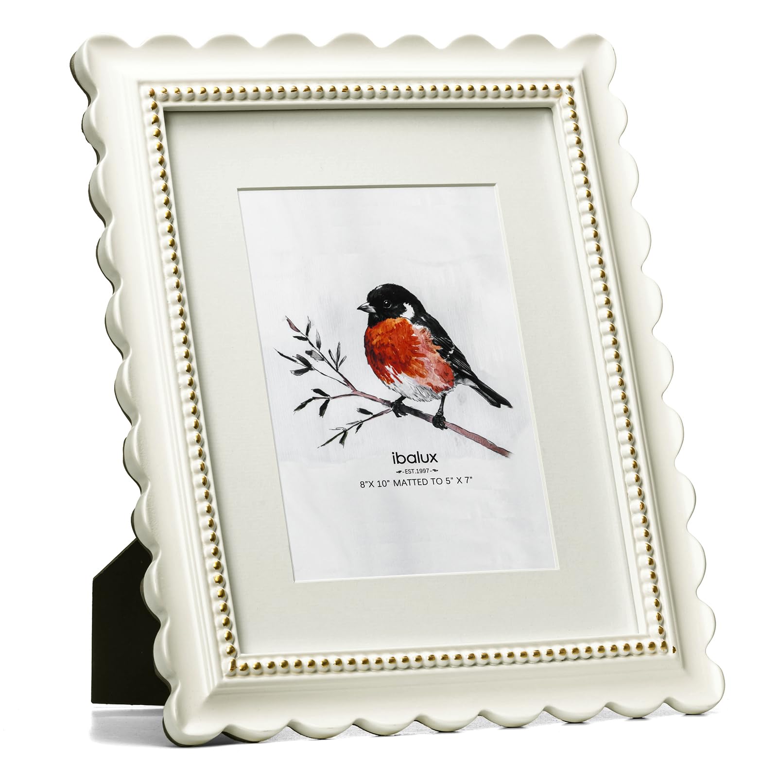 Photo 1 of ***BROKEN GLASS*** ibalux 8x10 Off-White Scalloped Picture Frame with Gold Beaded Trim, Resin with Real Glass, Matted to 5x7, Vertical and Horizontal for Tabletop or Wall Hanging