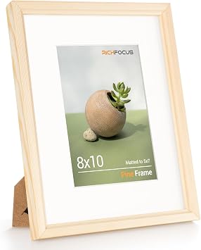 RICHFOCUS 8x10 Picture Frame Matted to 5x7 Photo Natural Solid Pine Wood 8 by 10 Photo Frame with Tempered Glass & Standing - Tabletop or Wall Mount Display Art Photo Painting