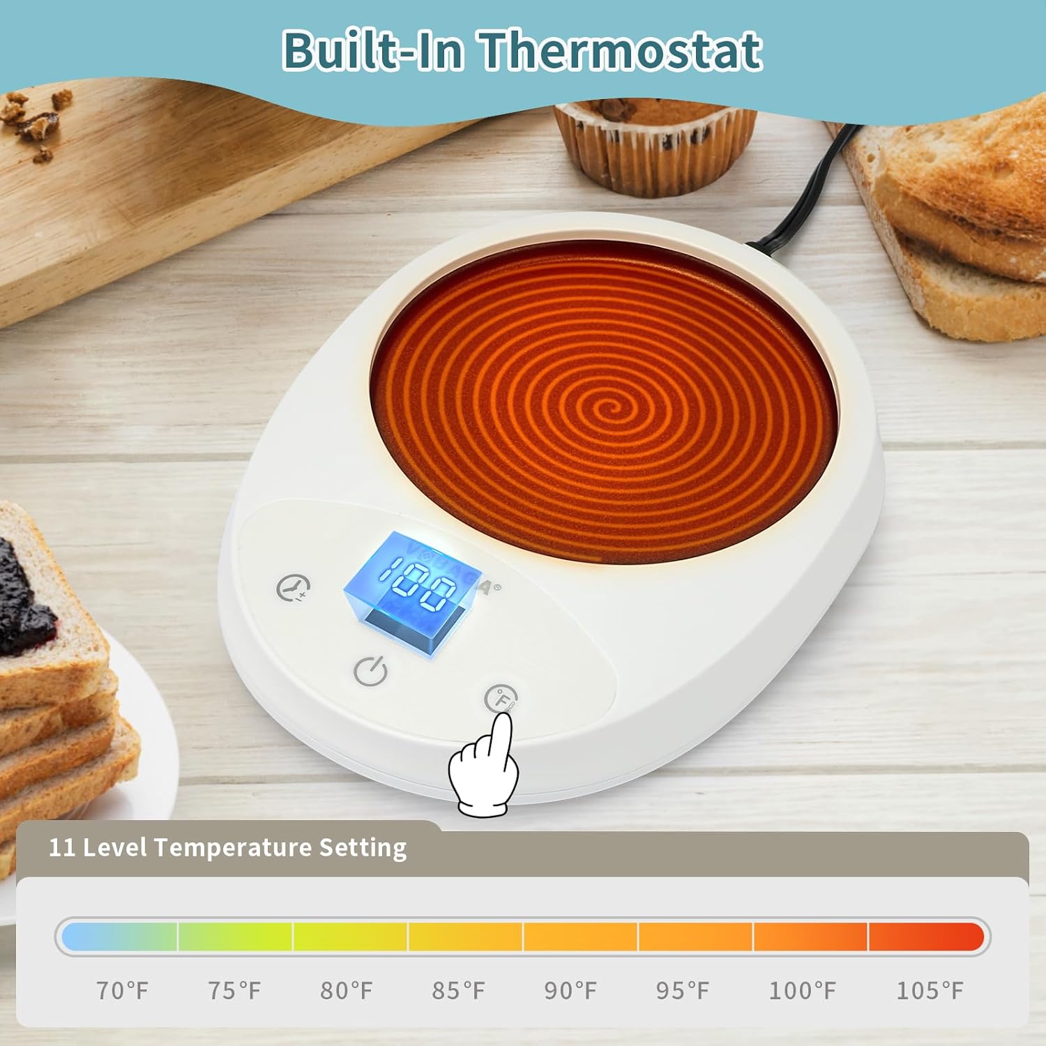 Close-up of the VOBAGA Sourdough Starter Warmer's control panel, showing the temperature button being pressed and the LED display showing '100' degrees Fahrenheit.