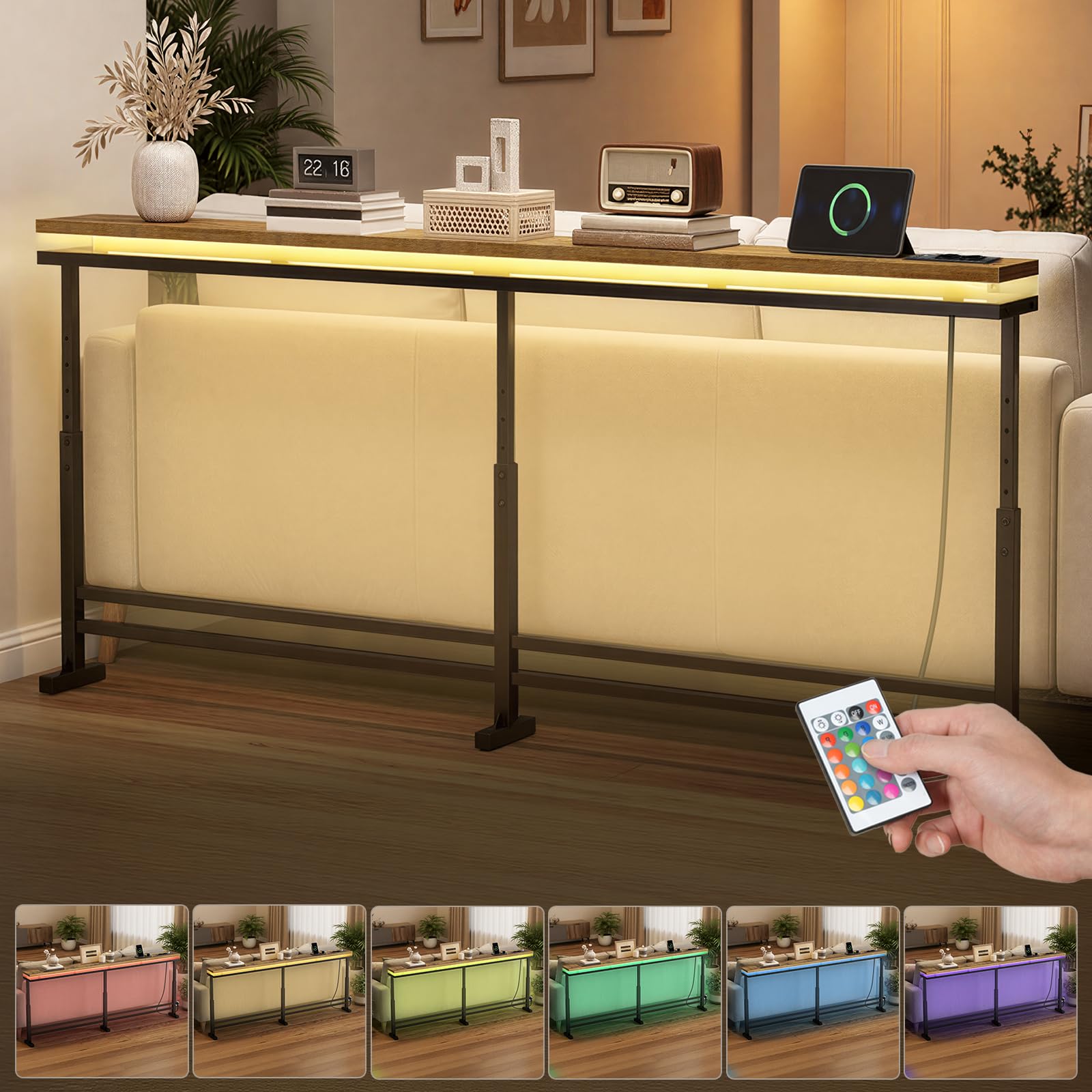 YATINEY Consolle Ingresso con Altezza Regolabile, Tavolo Console con LED | 200 cm Consolle sottile con Stazione di Ricarica, Tavolo da Ingresso Dietro Divano per Corridoio, Soggiorno, XCT27CDBR
