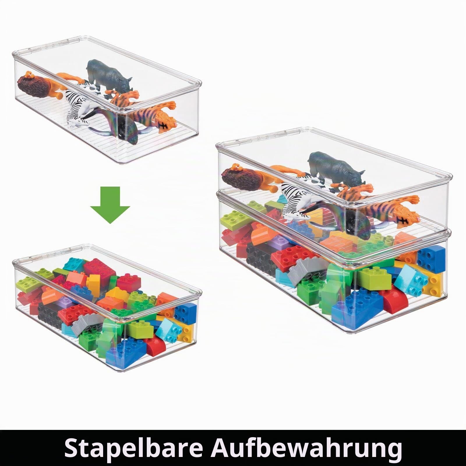 mDesign 4er-Set Spielzeugaufbewahrung – stapelbare Aufbewahrungsbox mit Deckel aus robustem Kunststoff – Box zum Mal-, Bastel- und Spielsachen verstauen im Kinderzimmer – durchsichtig