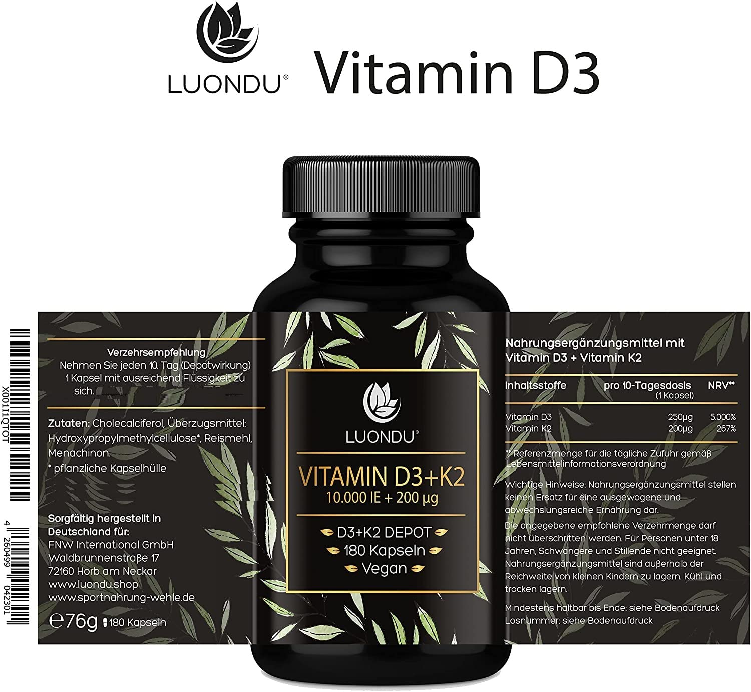 Luondu Vitamin D3 10.000 I.E + Vitamin K2 MK7 200 mcg Depot (Hochdosiert & Vegan) Vitamin D3 K2 Kapseln hochdosiert (180 Kapseln) - Verpackung kann variieren