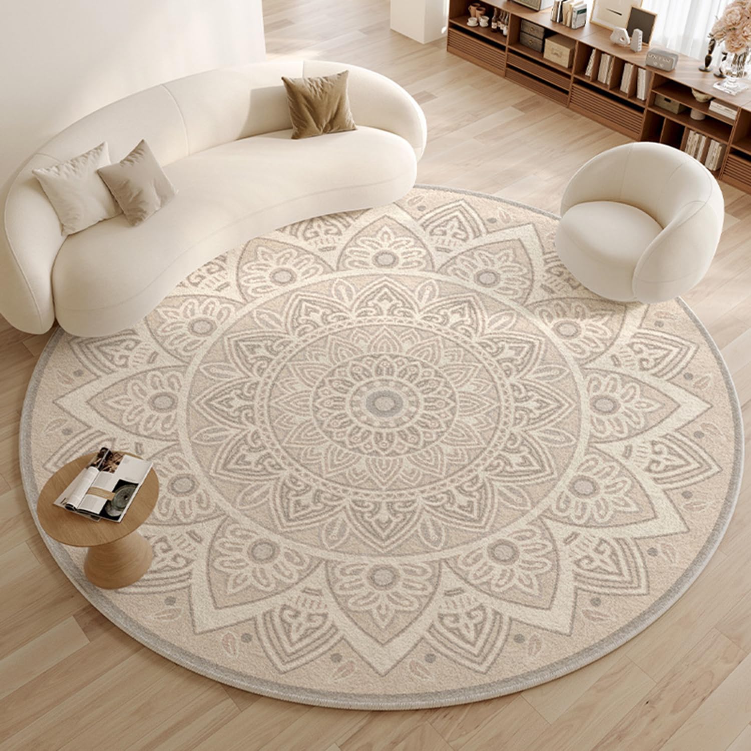 Tapis rond crème 100 cm de salon moderne unicolore moelleux