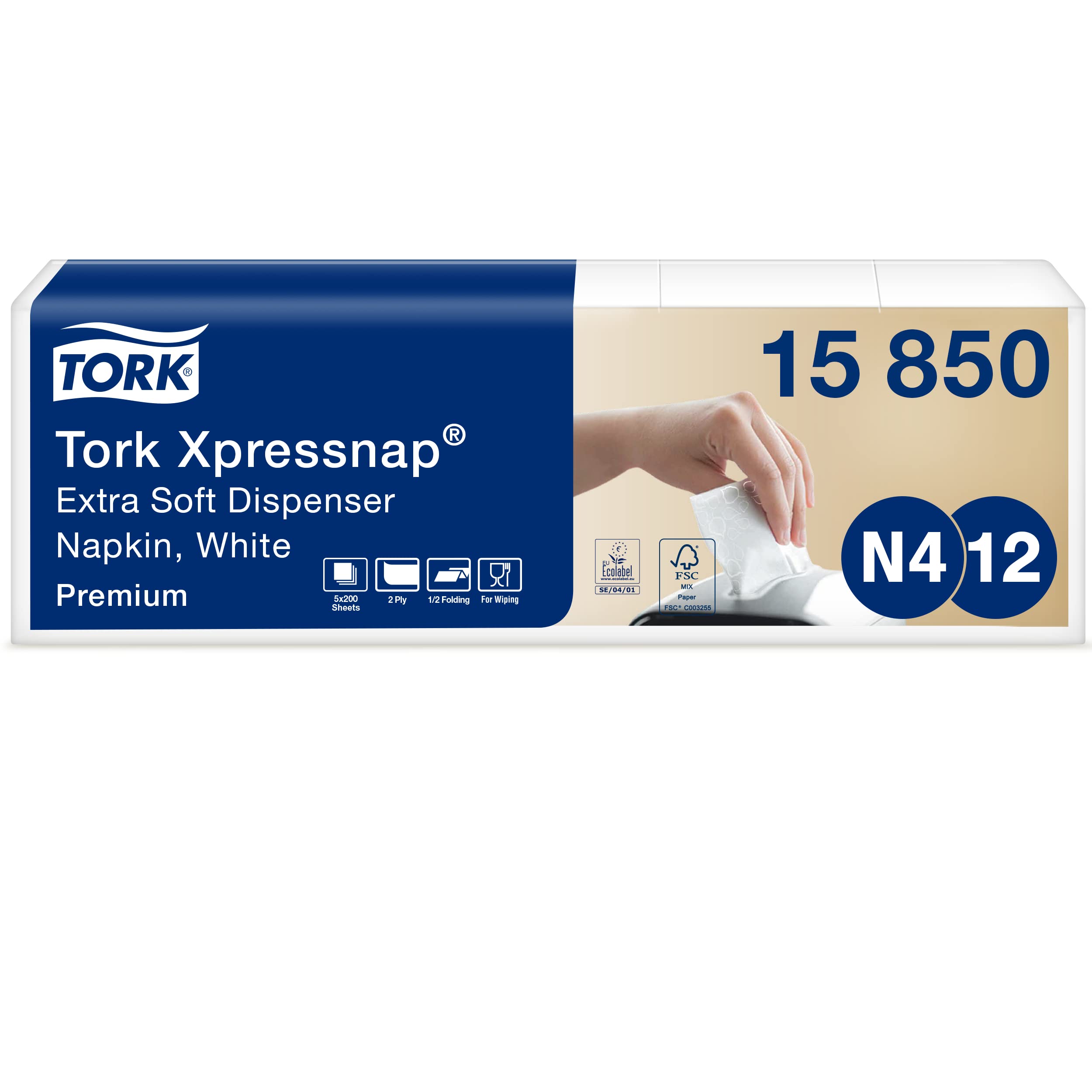 Tork Xpressnap Servilleta suave Blanca para Dispensador N4, Plegado 1/2, 2 capas, 21 cm × 17 cm, 8 × 1000 servicios, 15850 | Premium, 3 capas, Blanco, Extrasuave, Blanco