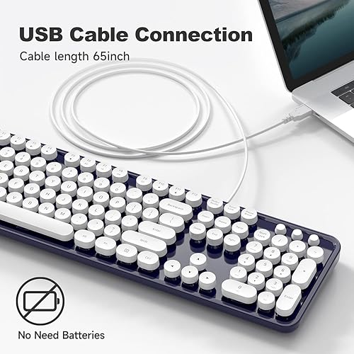 Miniatura 6 de MOFII Teclado de computadora con cable, USB Plug Play Tecla Redonda Teclado Retro Máquina de Escribir, Teclado de Oficina de Tamaño Completo con