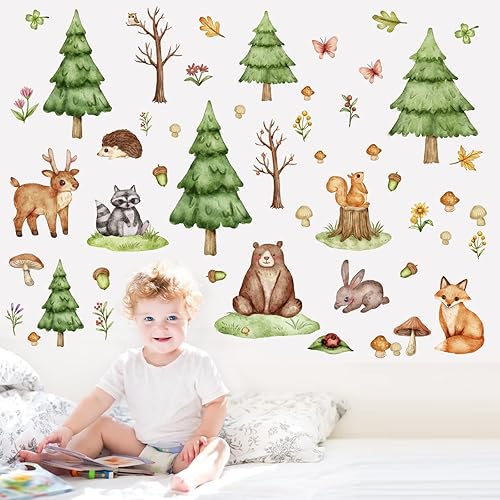 Miniatura 9 de Calcomanías de pared de animales del bosque, calcomanías de pared de animales de dibujos animados, pinos verdes, ciervos, osos, bosques, decoración