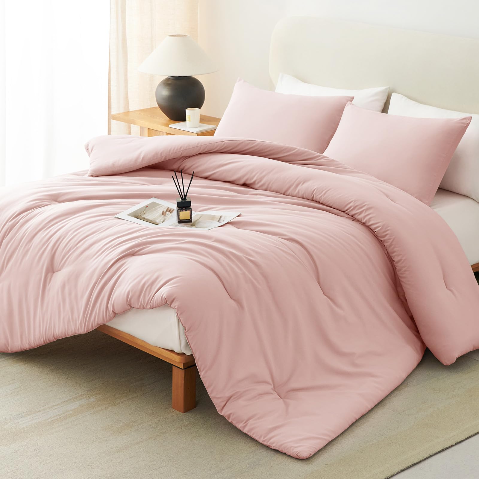 CozyLux California King Comforter Set Blush Pink, 3 Pieces Cal King Lightweight Down Alternative Quilted Bedding Sets, All Season Breathable Solid