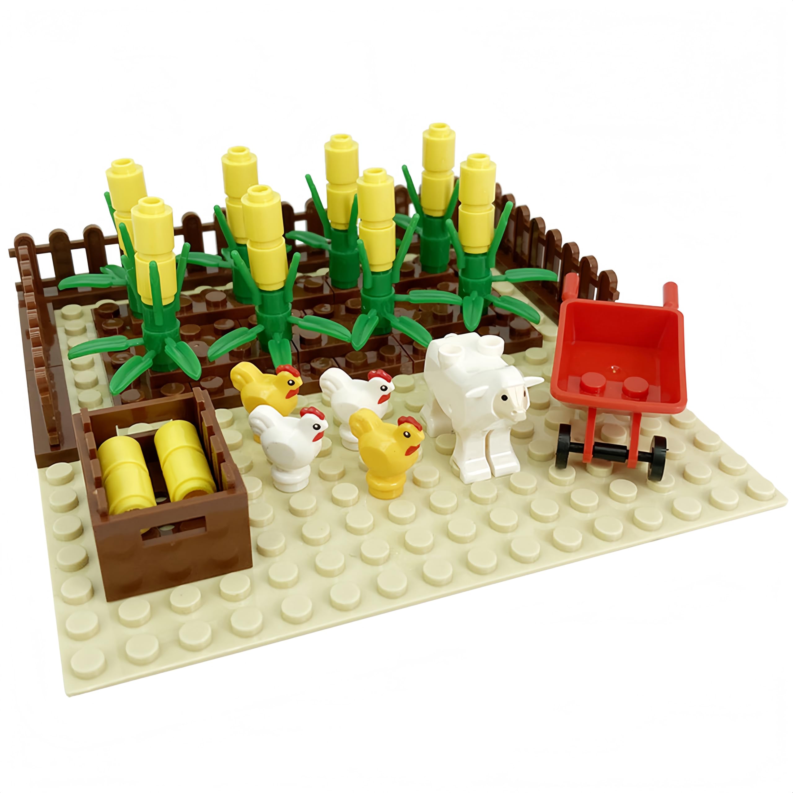 Set di mattoncini da costruzione 4 in 1, stalla, porcile, campo di mais e aiuola, giocattolo da costruzione per bambini dai 6 anni, giocattolo educativo con animali, piante e accessori