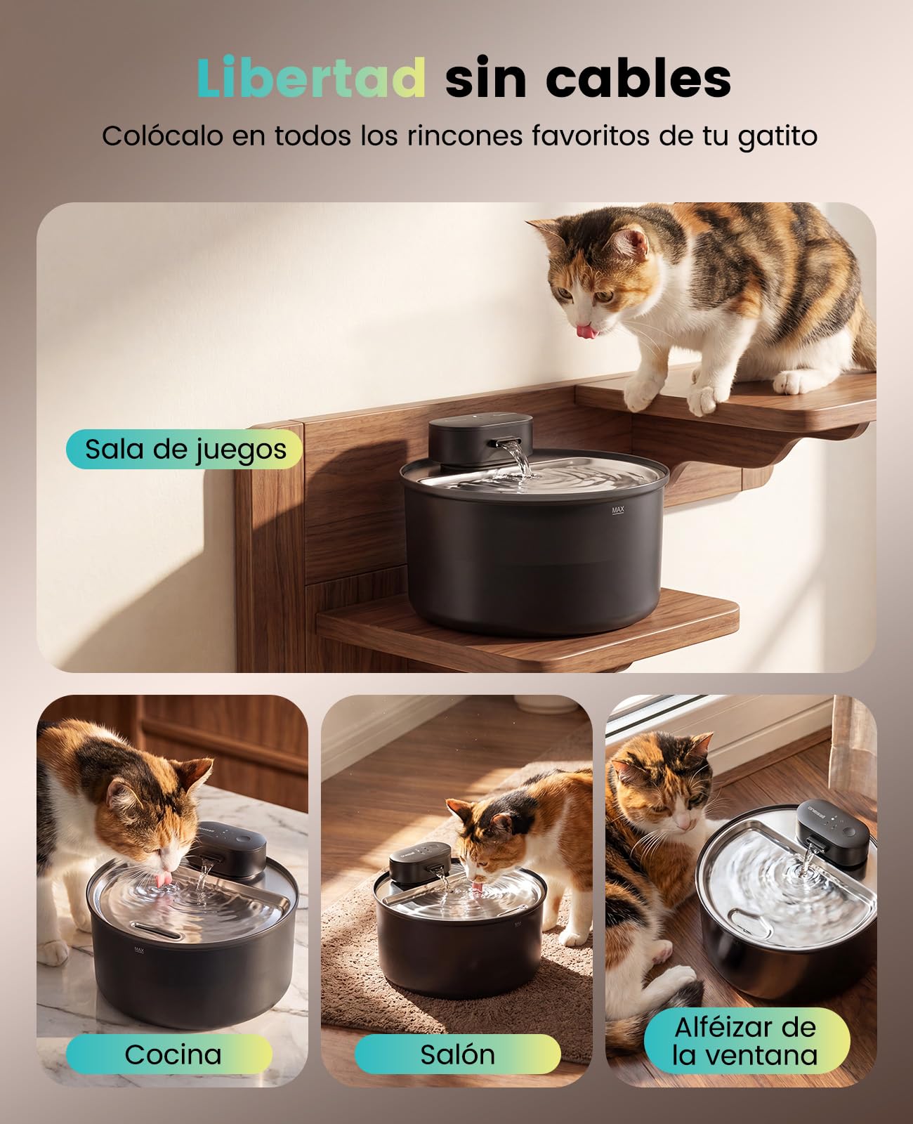 oneisall Fuente para Gatos sin Cables, Fuente de 3,2L con Sensor | 20dB ultrasilenciosa, batería recargable de 4000mAh, recipiente de acero inoxidable, limpieza sin esfuerzo, sin BPA
