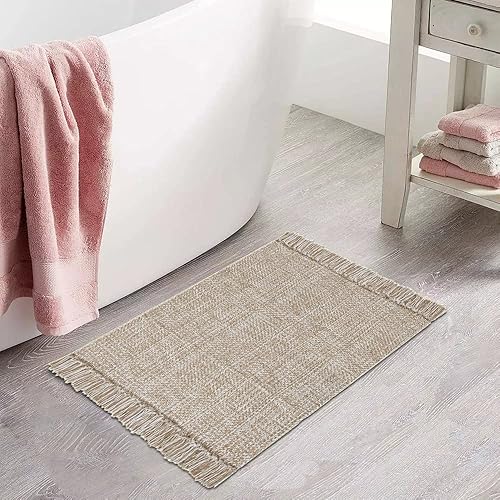 Alfombra de baño bohemia con borlas 2 x 3 pies 100 algodón tejida a mano con almohadilla antideslizante lavable moderna para baño ducha bañera color