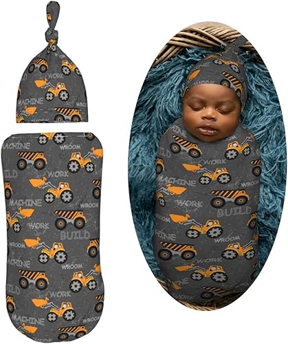 Miniatura 2 de Kids Construction Machines - Manta para envolver recién nacidos, con juego de gorro, saco de dormir suave para bebé, elástico y ajustable, mantas de