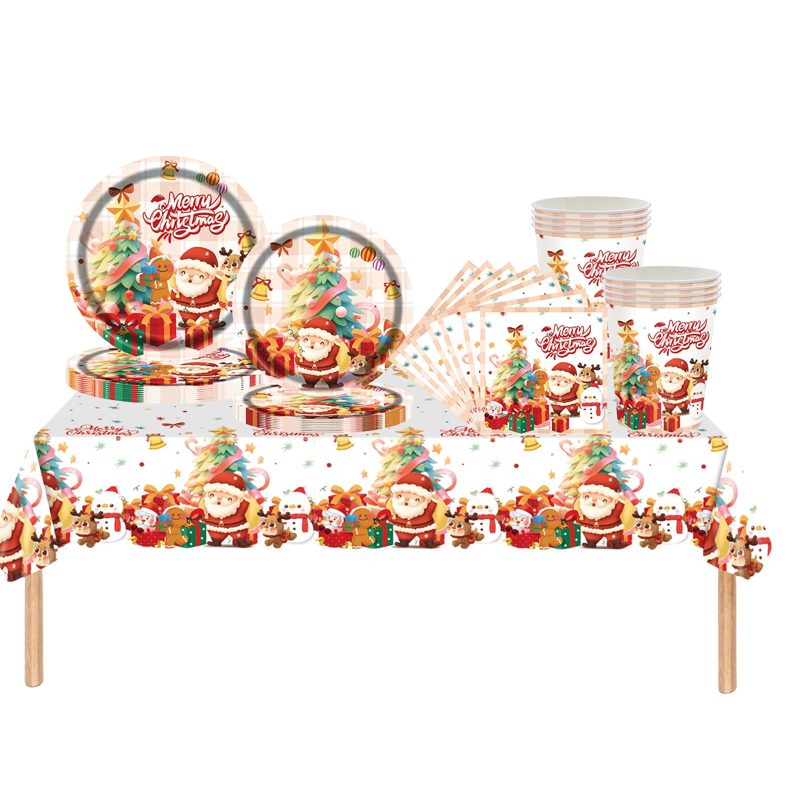 69pcs Christmas Party Tableware Plastic Table Cloth,Paper Plates Napkins Serviettes and Cups,Merry Christmas Decorations Santa Snowman Dinnerware Set for Winter Holiday Xmas Party Table Decorations
