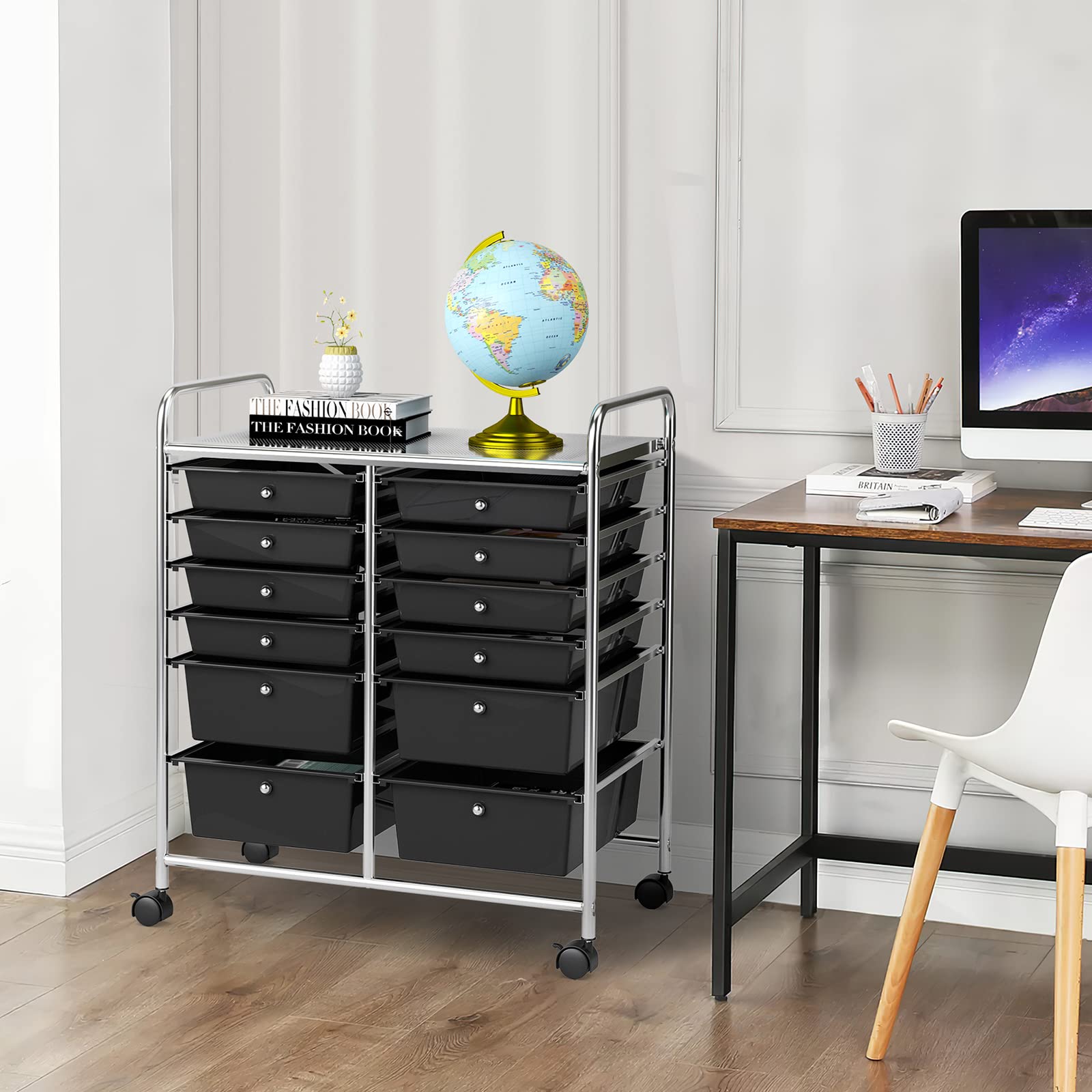 COSTWAY Carrito Auxiliar con Ruedas, Mueble Auxiliar Cocina con 12 Cajones Apilables, Carrito Organizador de Estructura Metálica para Cocina Oficina, Baño (Negro)