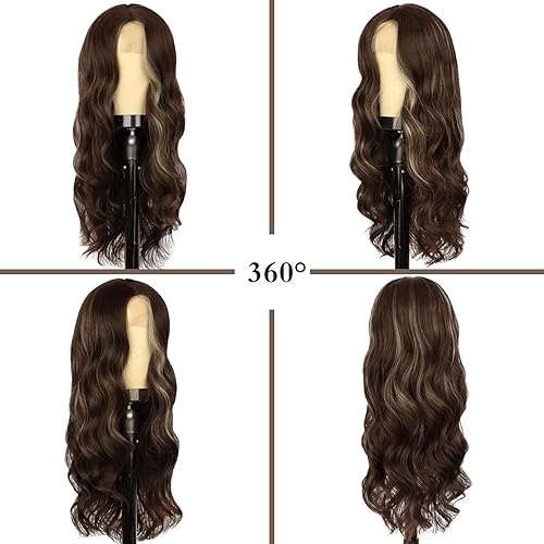 Miniatura 2 de WECAN Peluca marrón para mujer, peluca larga ondulada con reflejos marrones, parte media, mezcla de castaño y rubio, peluca de cabello sintético