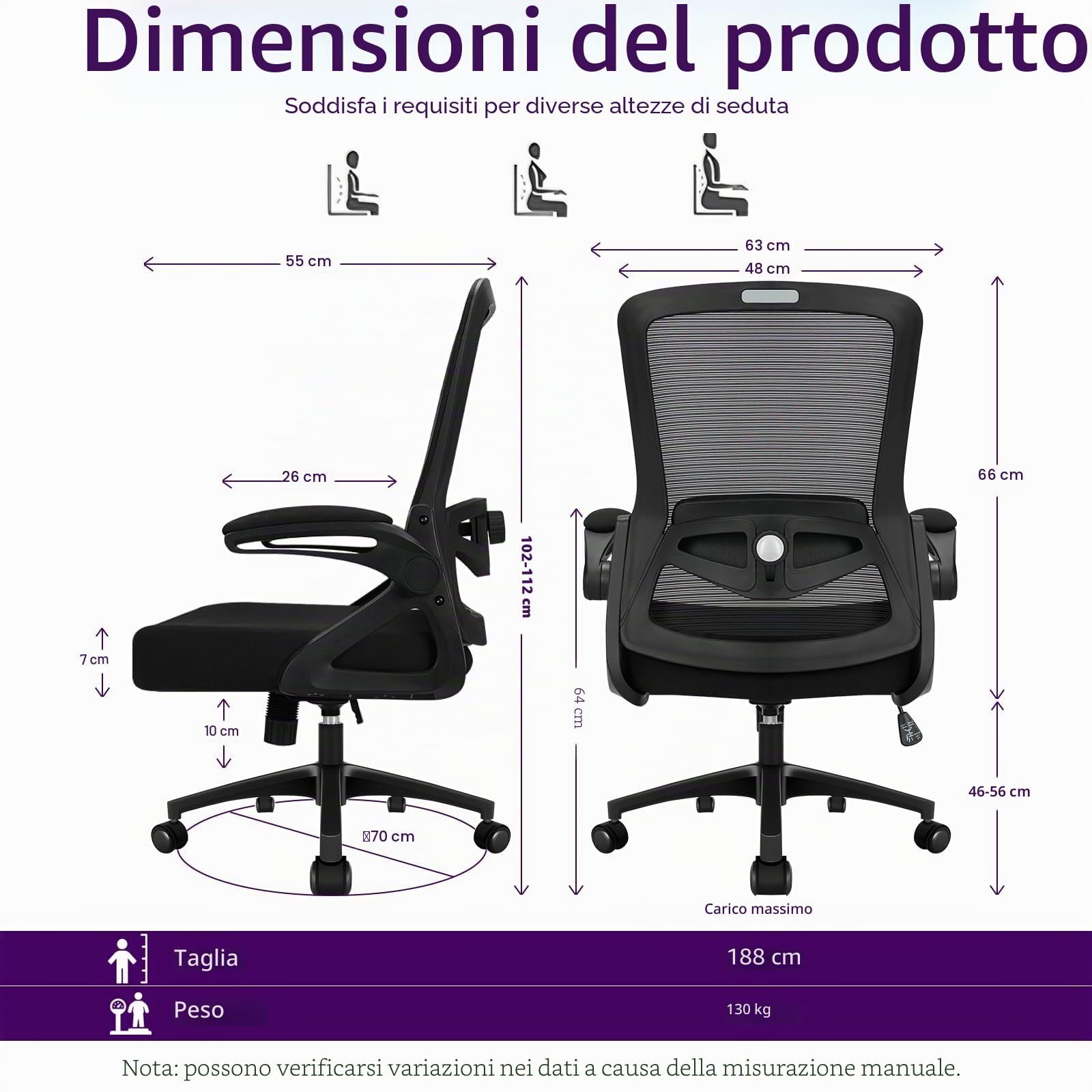 Sedia da Ufficio Ergonomica, Sedia Smart Working con Supporto Lombare Regolabile 4D, Sedia Ufficio in Rete Traspirante con Braccioli Regolabili, Schienale Reclinabile 125°, Ruote Silenziose (Nero)