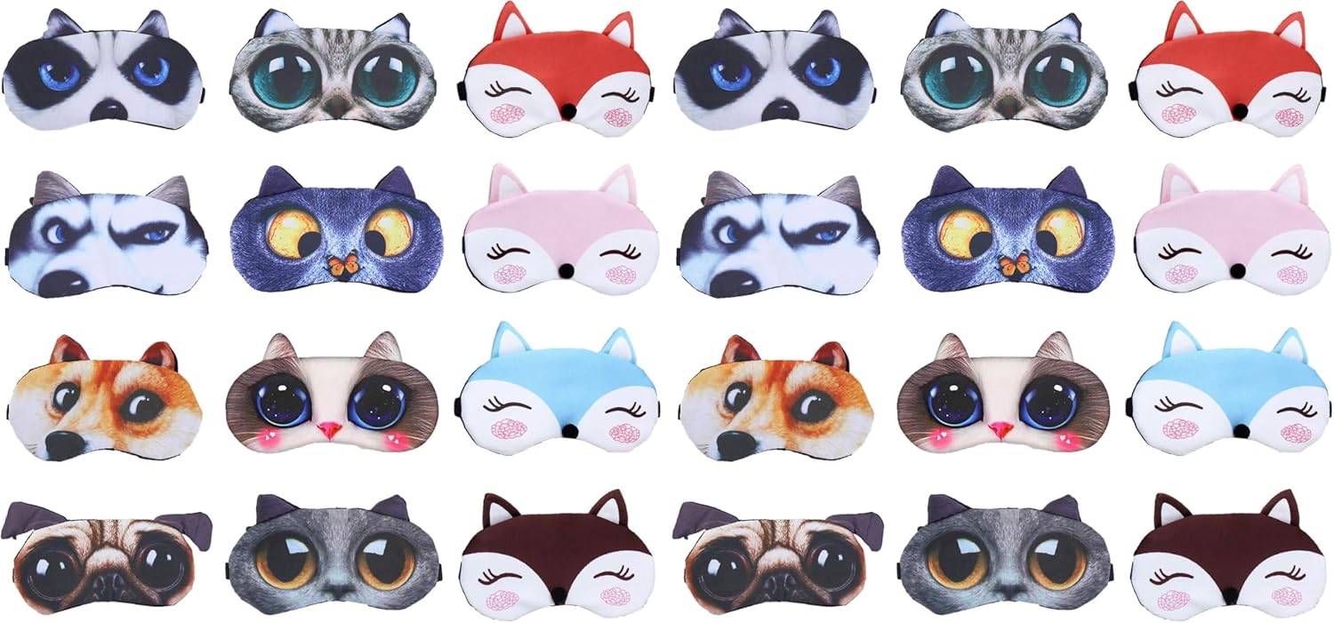 EBaokuup 24 Pack Animal Sleep Eye Mask - Soft Funny Blindfolds Sleeping Mask, Cute Cat Dog Eye Cover Eye Shade for Kids Girls Men Women Plane Travel Nap Night Sleeping