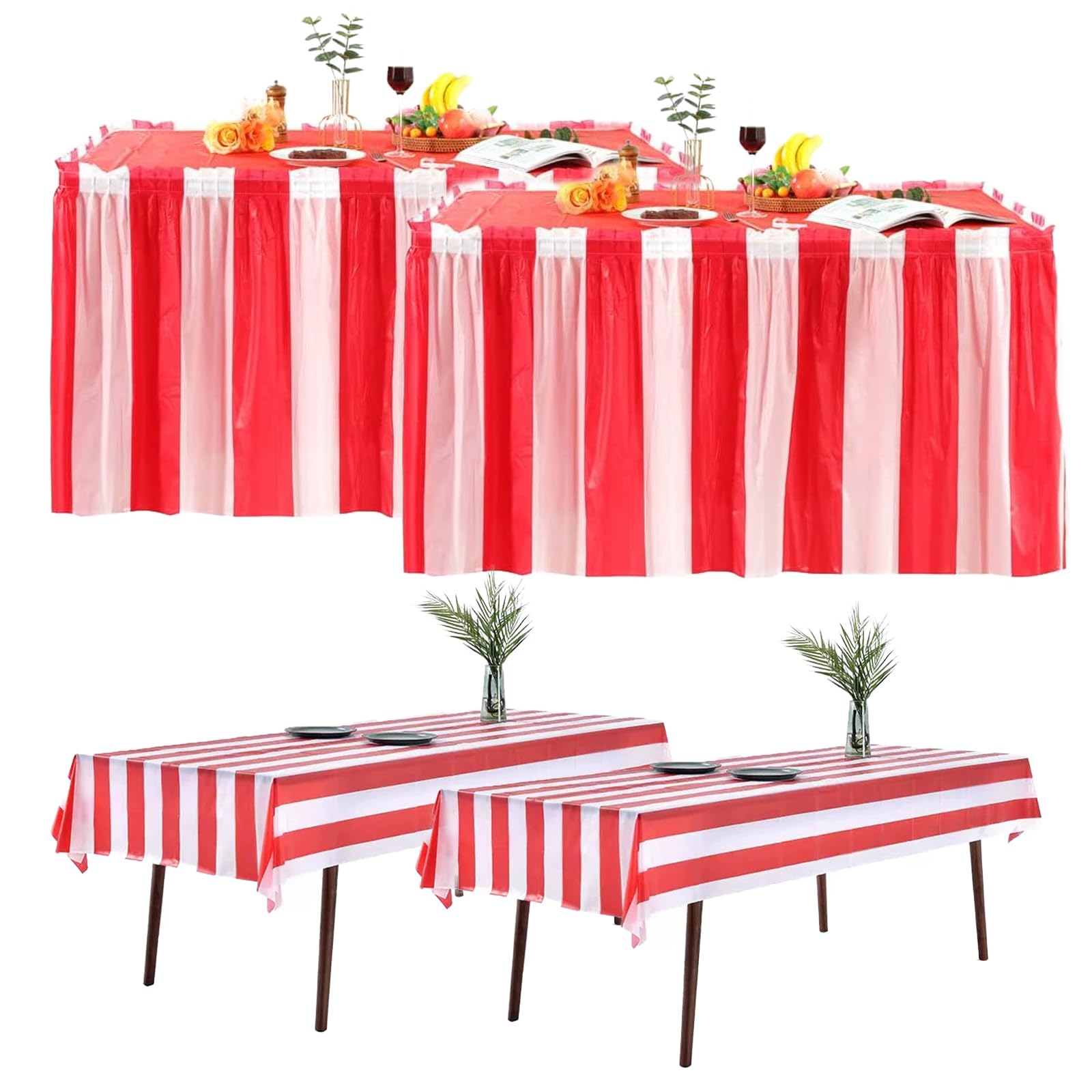 MLETULIPS 4 Pcs Plastic Table Skirts and Stain Proof Table Cloths 54 x 108 in Plastic Tablecloth Multi Pack 168 x 29 in Table Skirts Disposable for Wedding Birthday Easter Party (red stripe)