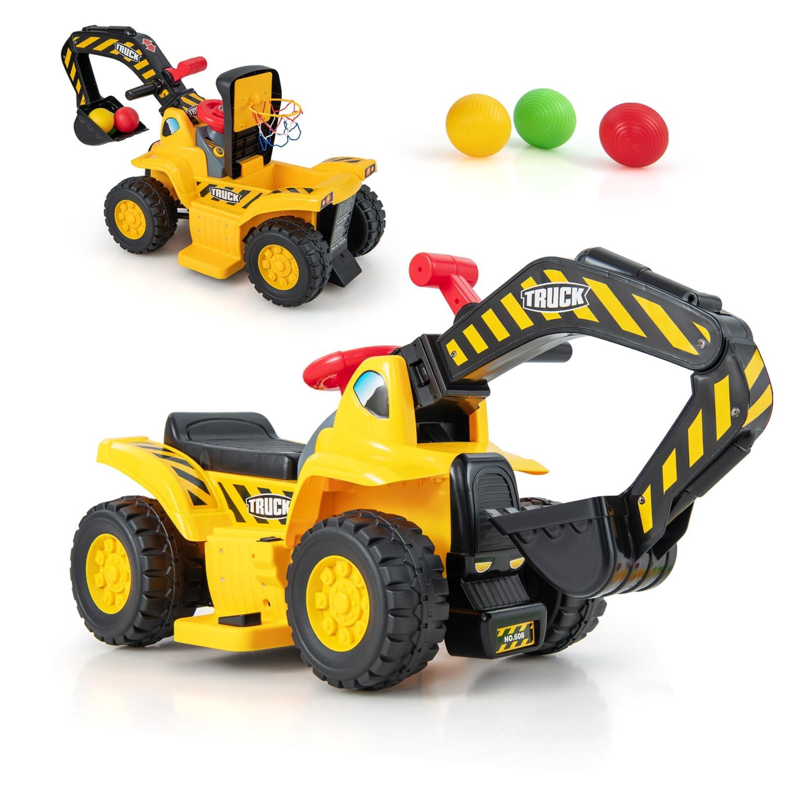 RELAX4LIFE Escavatore Elettrico per Bambini, con Benna Regolabile, Vano Nascosto, Suoni, Effetti Sonorie Canestro Nascosto e 3 Basket, per Bambini, Portata di 25KG, 2 Anni+ (MODELLO 2)