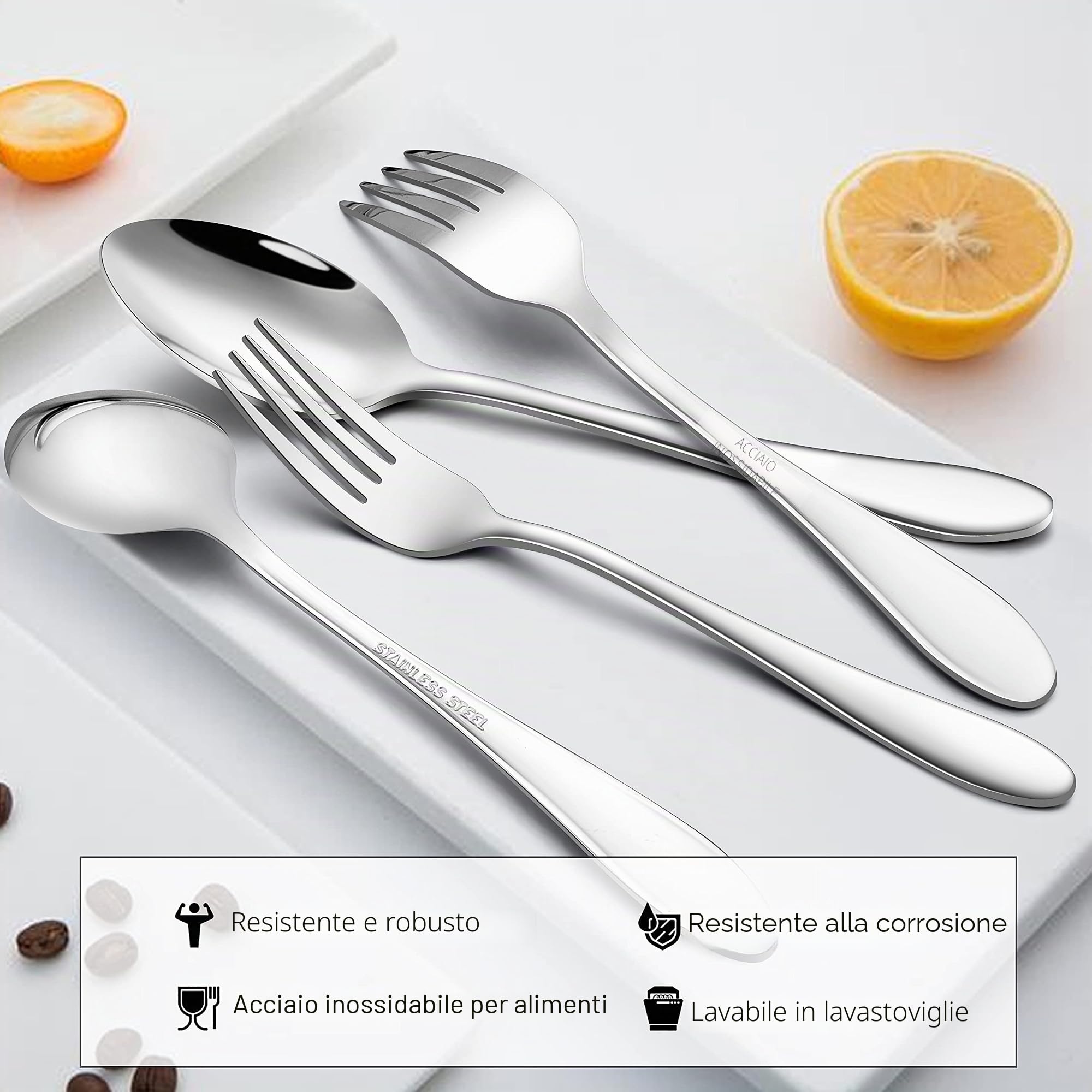Joyfair - Set di 12 forchette e cucchiai, in acciaio inox, per casa, ristorante, hotel, lucido e lavabile in lavastoviglie, 6 cucchiai (18,8 cm) + 6 forchette da tavola (19 cm)