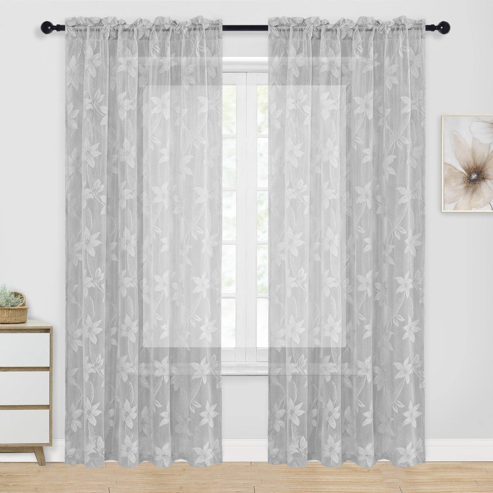 DWCN Grey Lace Sheer Curtains - 84 inches Long Floral Lace Design Rod Pocket Window Voile Sheer Drapes for Bedroom Living Room 52 x 84 inches Long